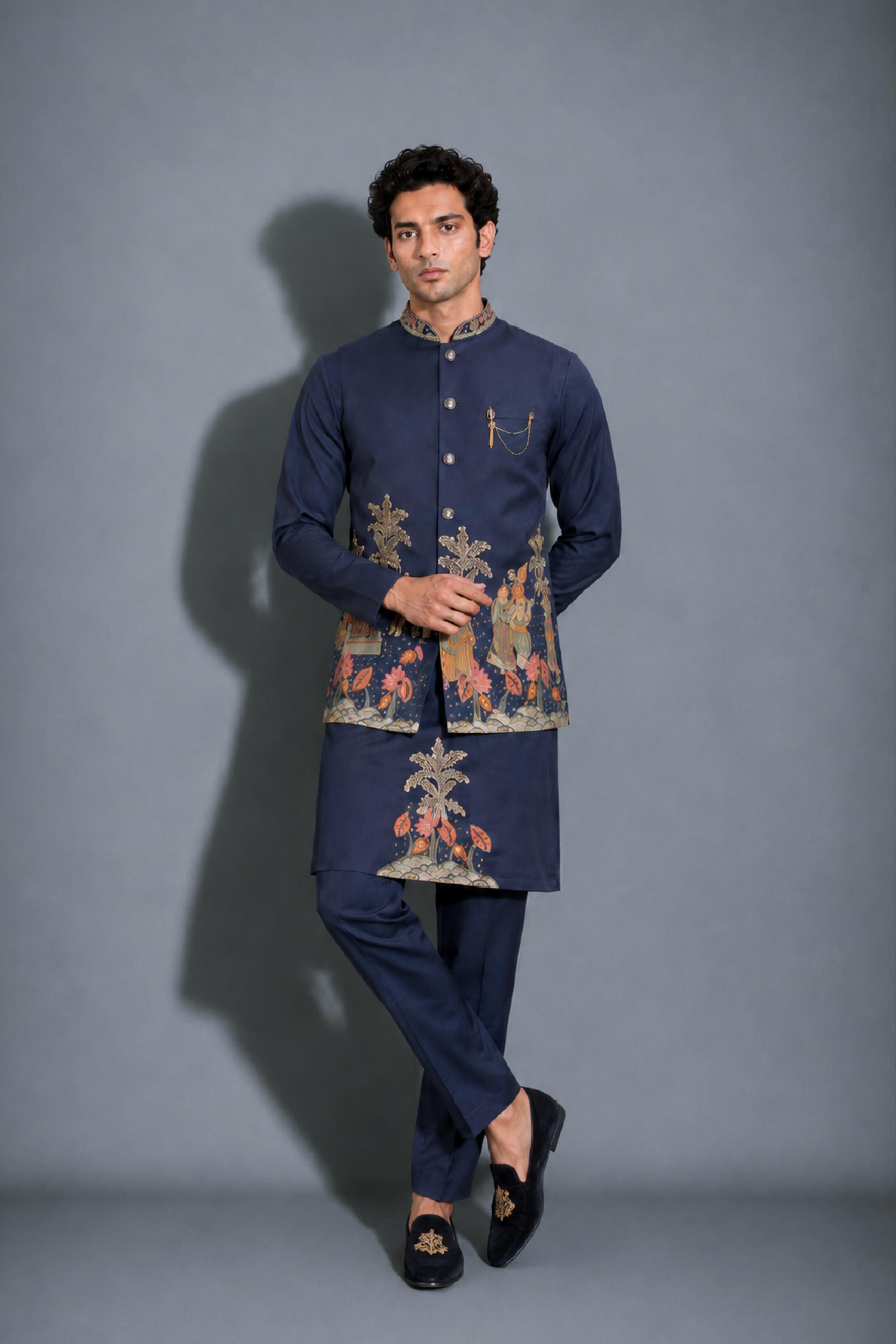 Navy TR Embroidery Jodhpuri Designer Jacket Kurta Set for Men