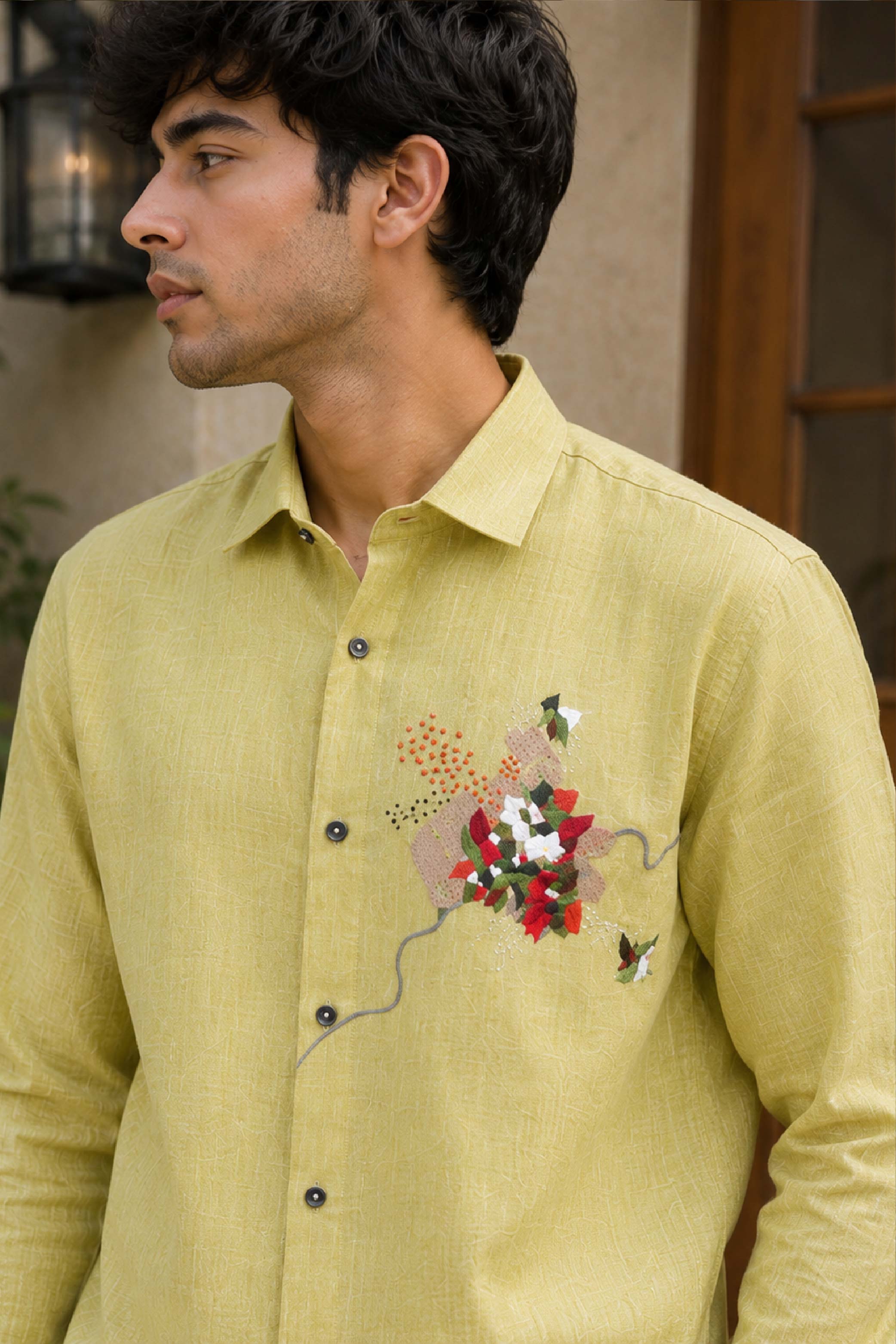 Mustard Linen Embroidery Regular Collar Designer FS Shirt for Men