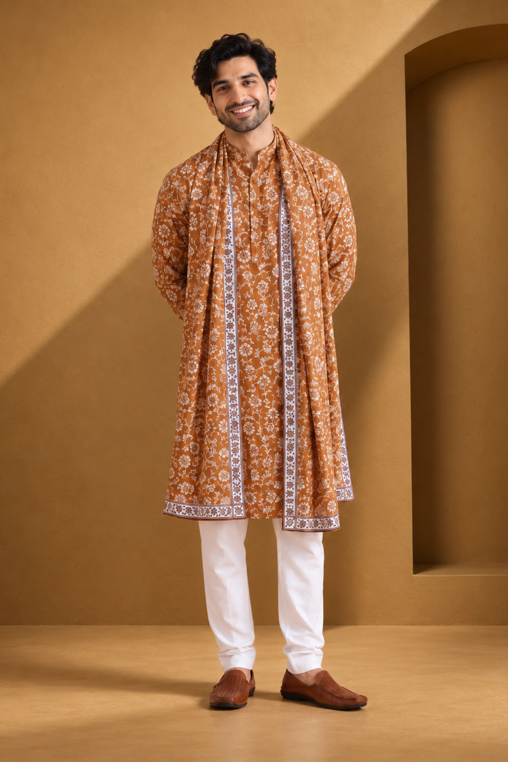 Party Wear Kurta Pajama in Rust with Dupatta
