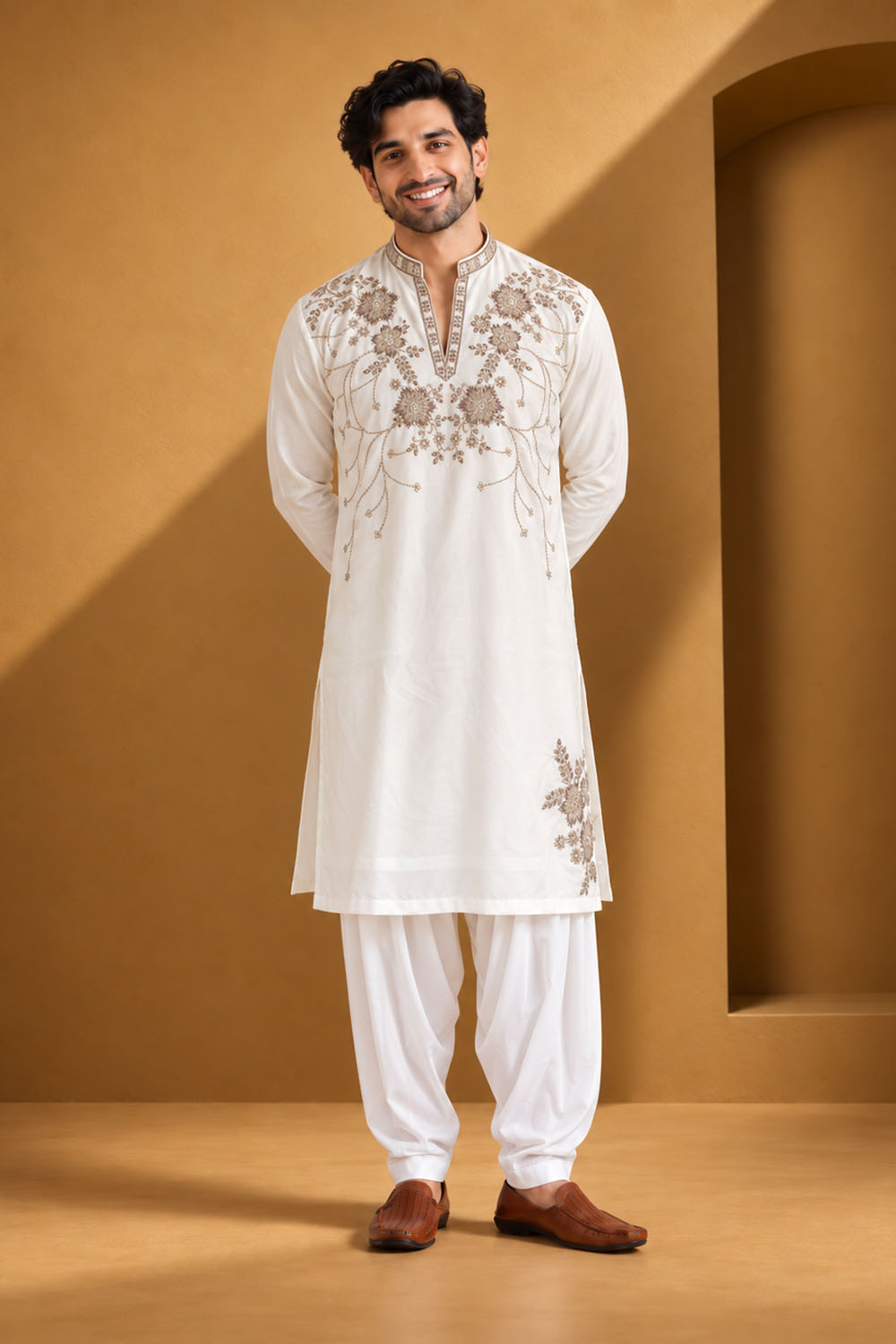 Party Wear Kurta Pajama in Camel Designer Style