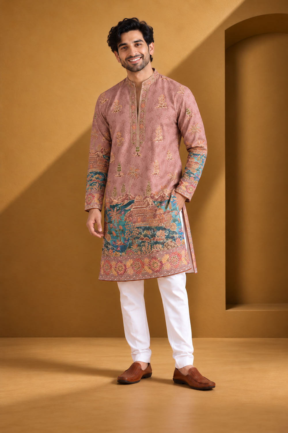Party Wear Kurta Pajama in Onion with Parallel Pant