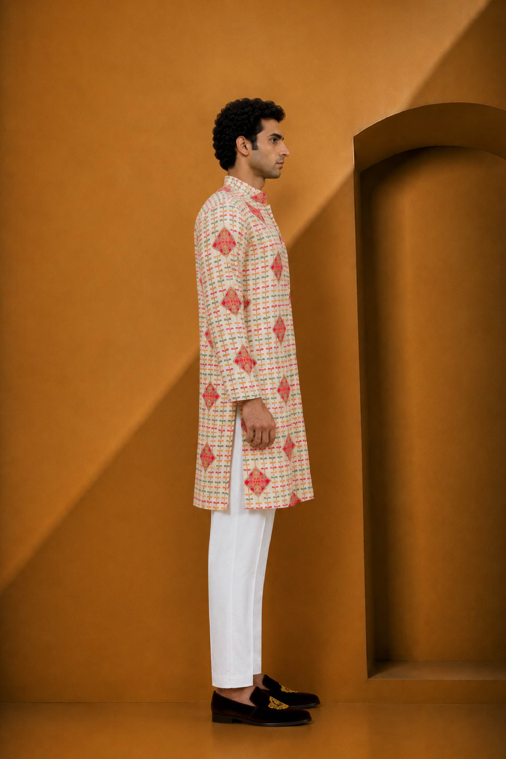 Cream Multi Silk Designer Kurta Pajama Set