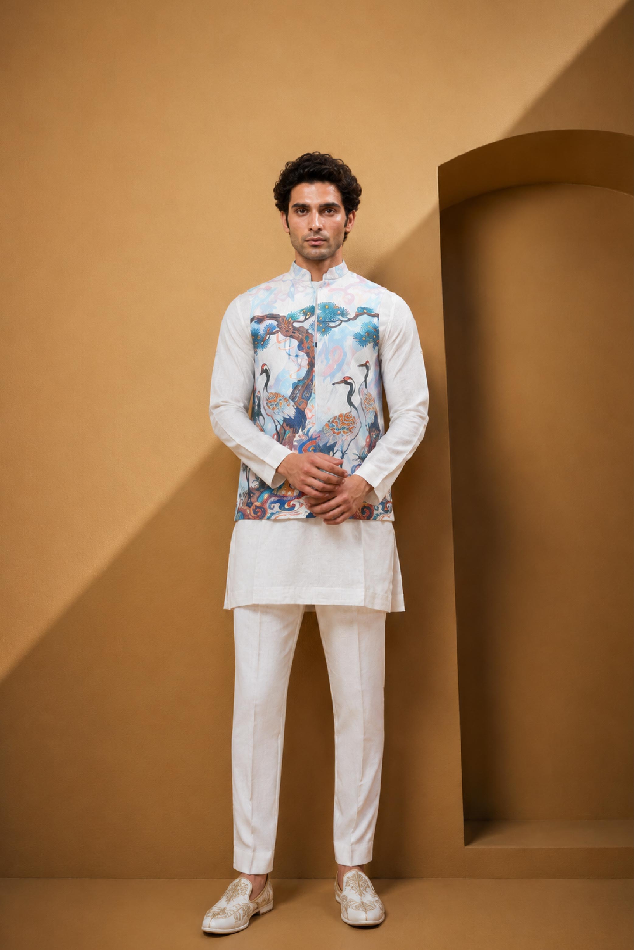 Natural Multi Cotton Print Jodhpuri Designer Summer Suit for Men