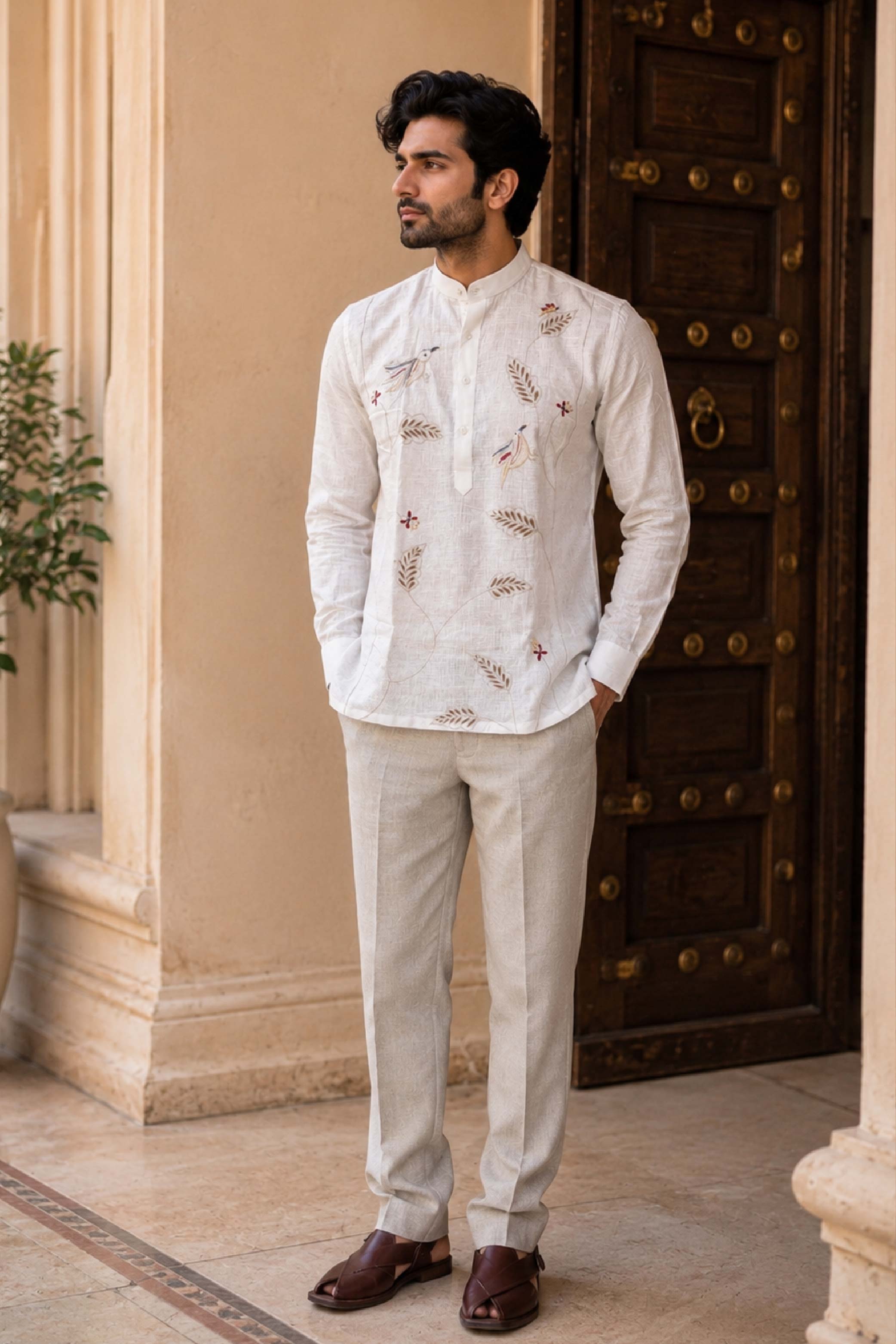 White Linen Embroidery Chinese Collar Designer FS Kurta for Men