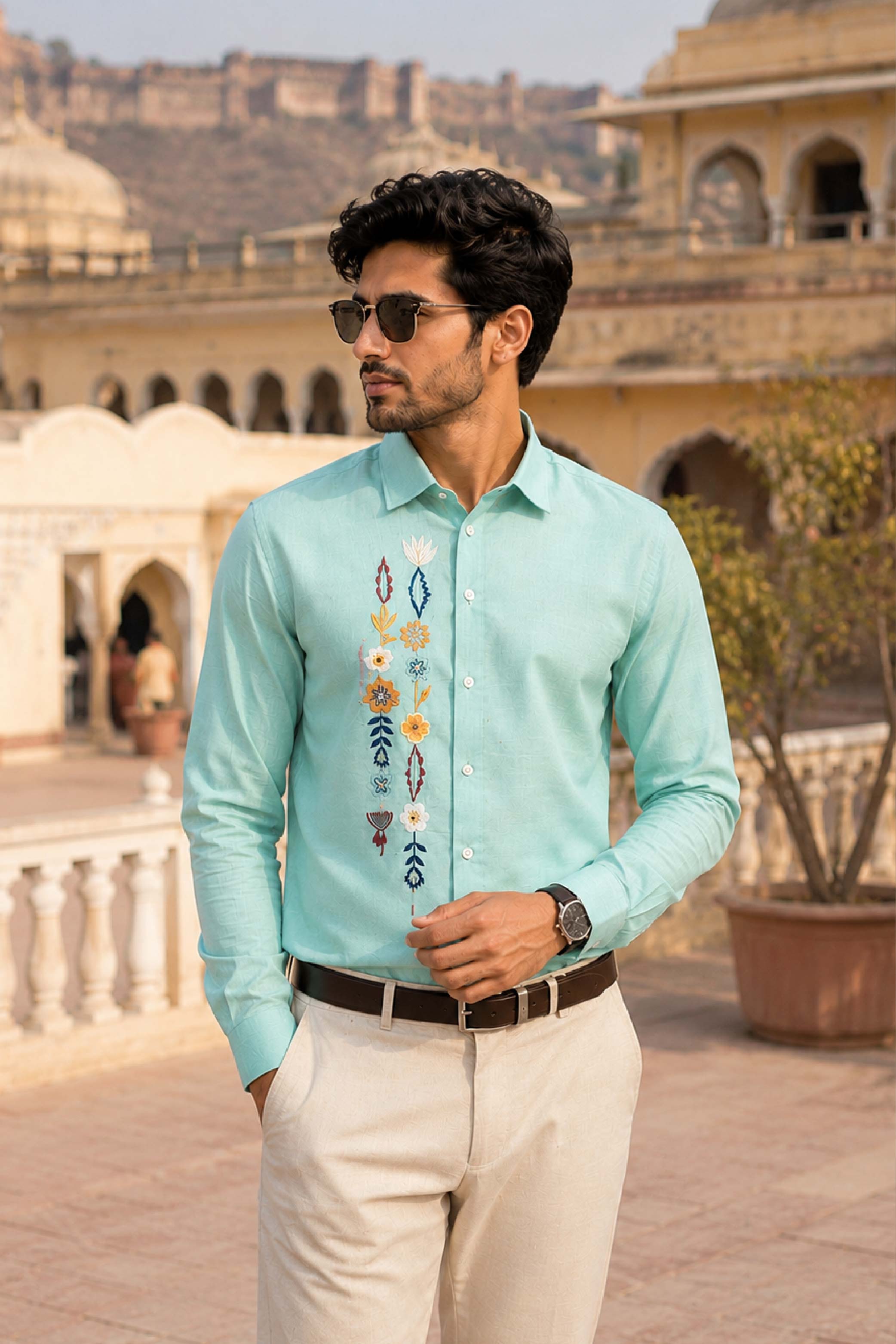C Green Linen Embroidery Regular Collar Designer FS Shirt for Men