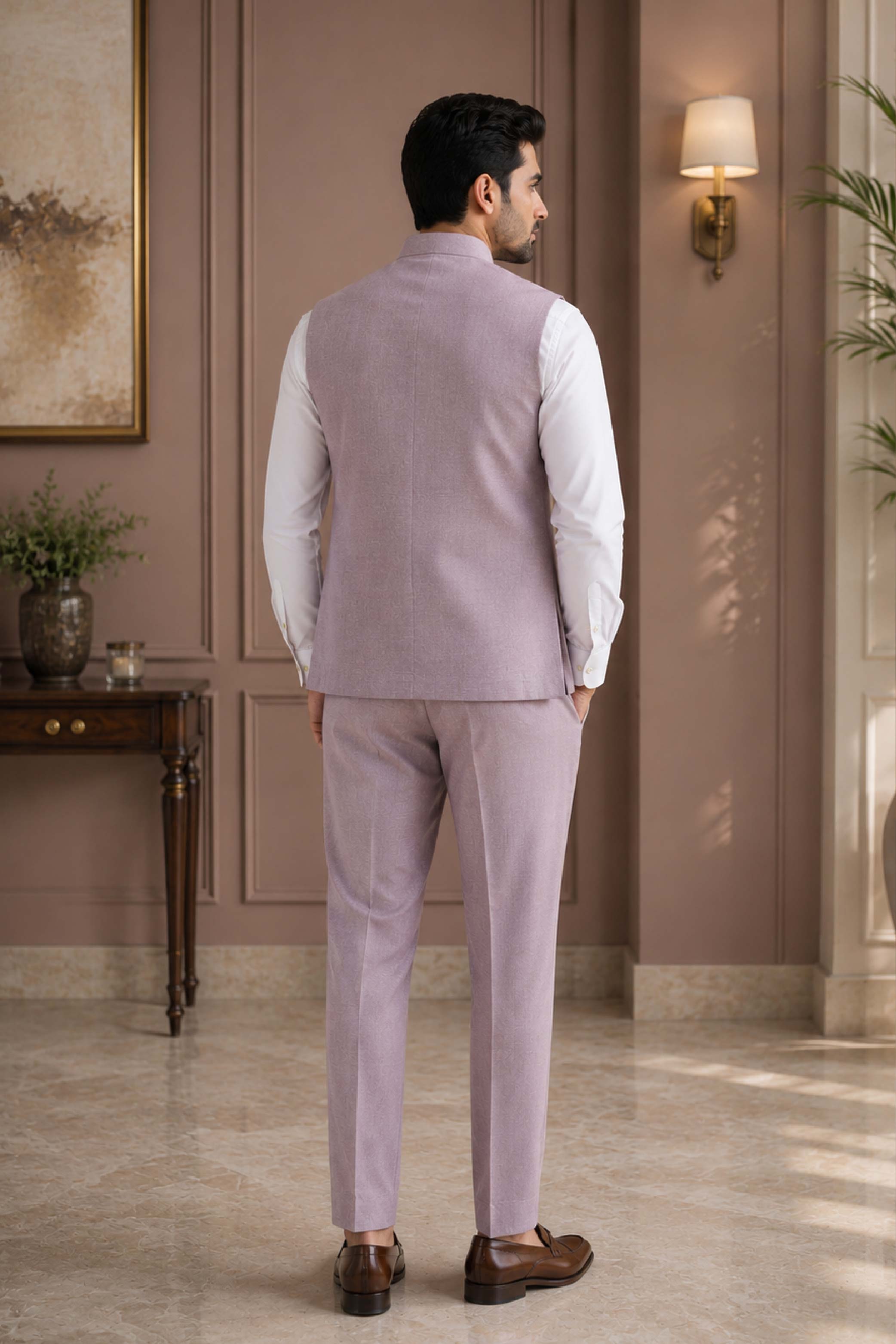 Peach Jute Linen Plain Jodhpuri Designer Summer Suit for Men