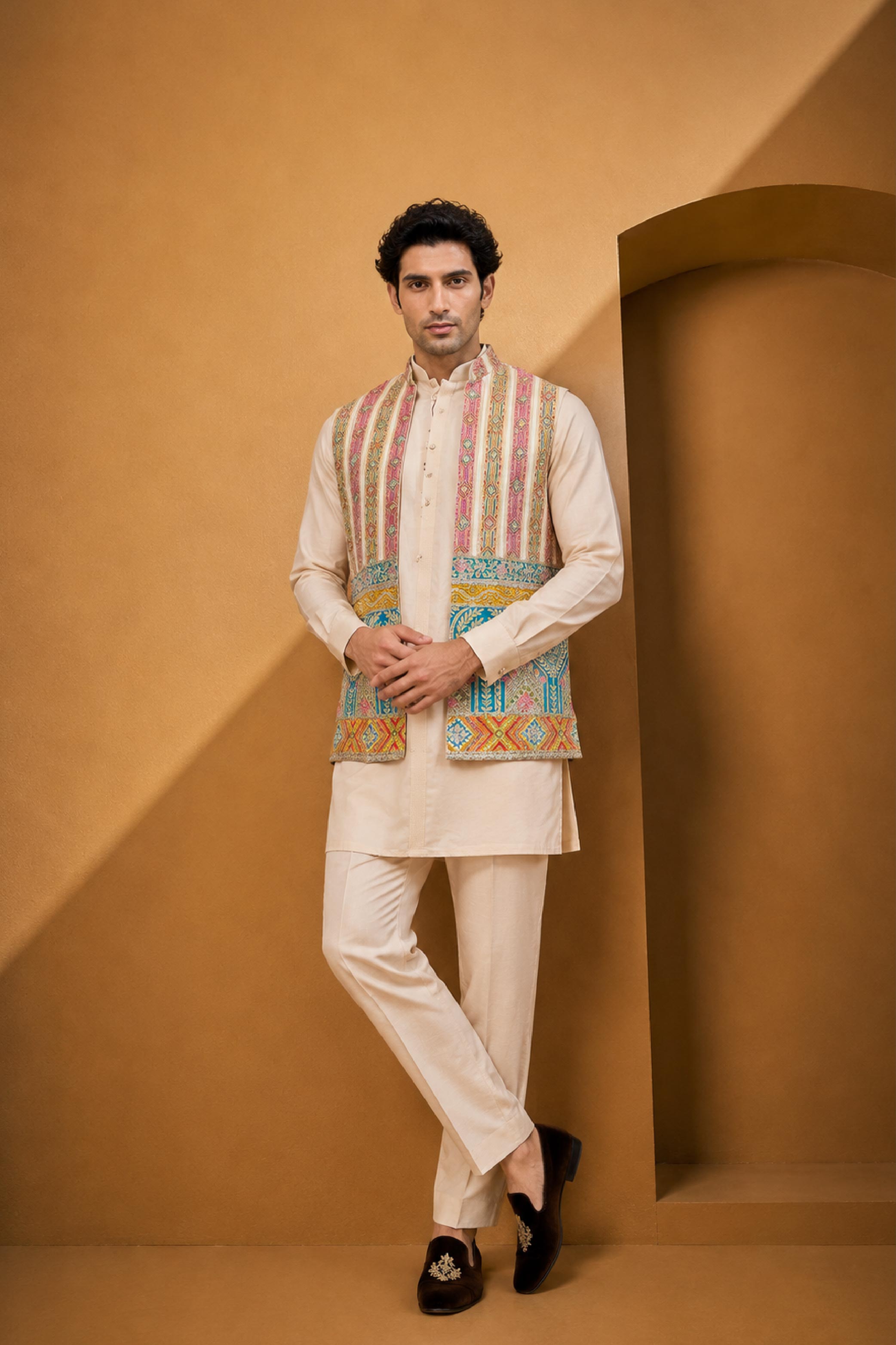 Mustard Silk Embroidery Jodhpuri Designer Jacket Kurta Set for Men