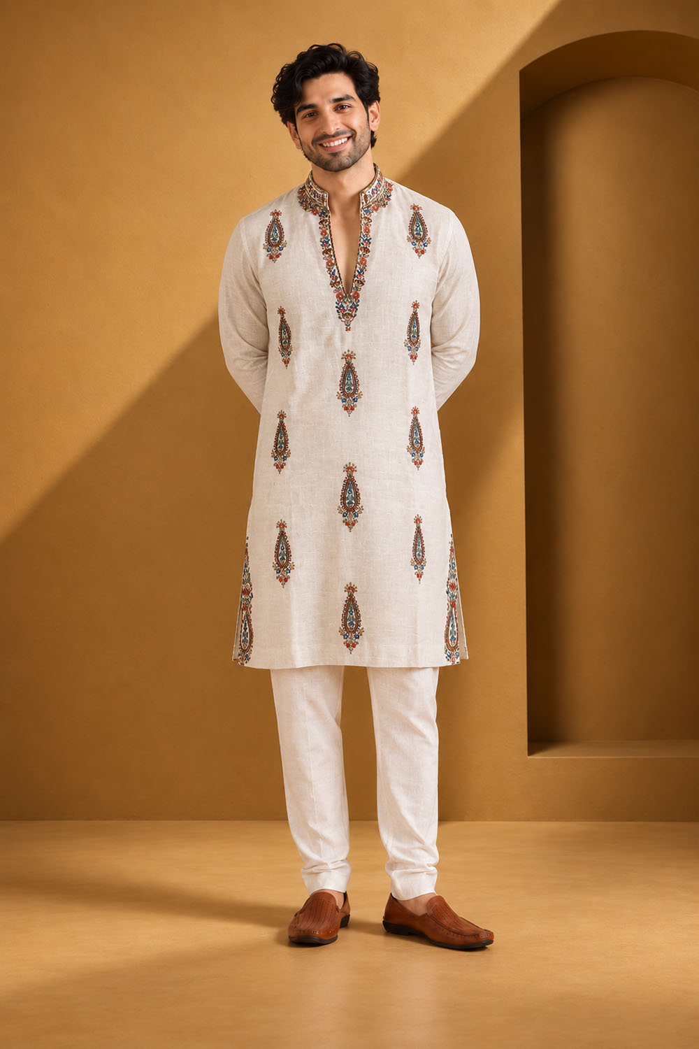 Party Wear Kurta Pajama in Natural with Parallel Pant