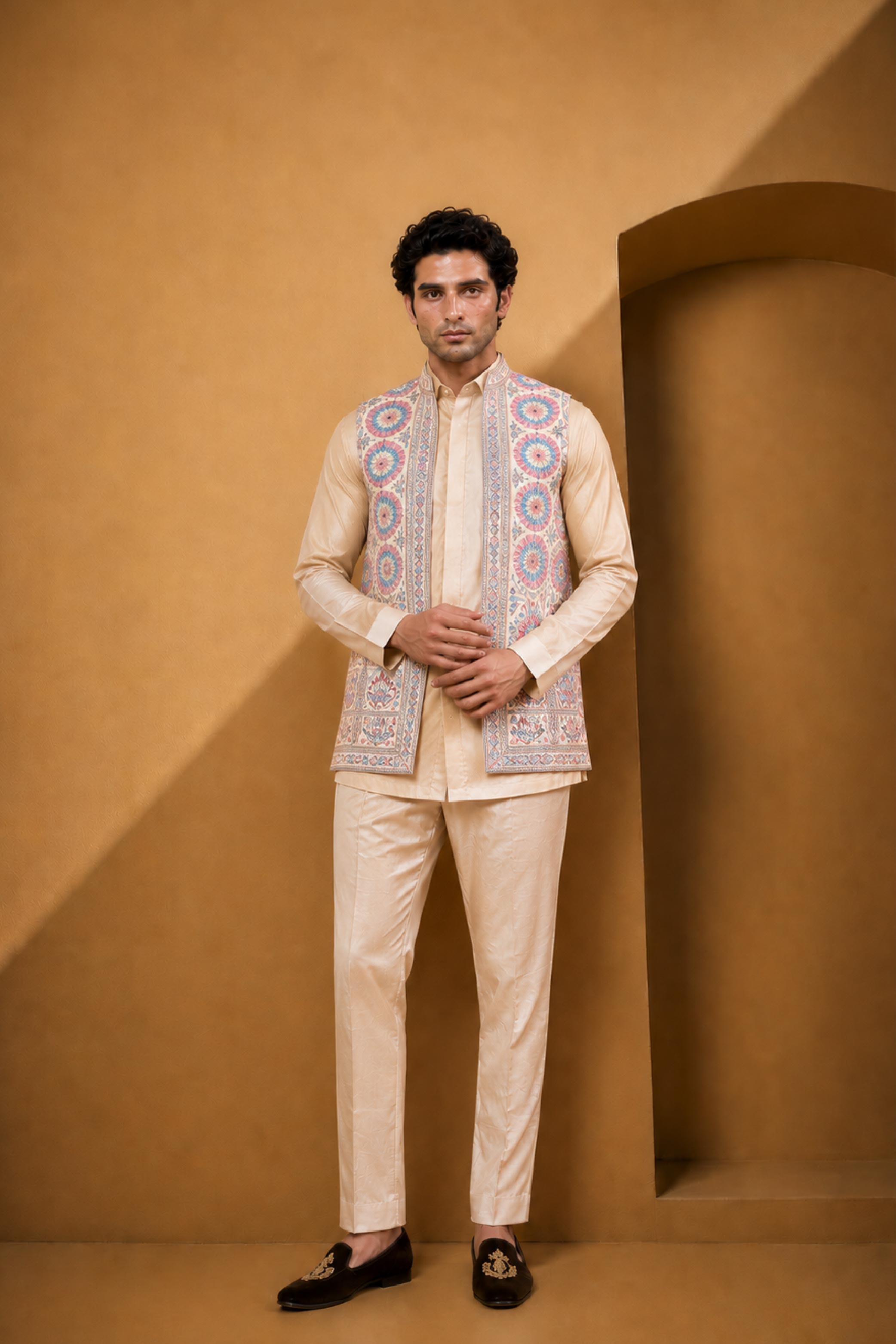 Cream Multi Silk Embroidery Jodhpuri Designer Jacket Kurta Set for Men