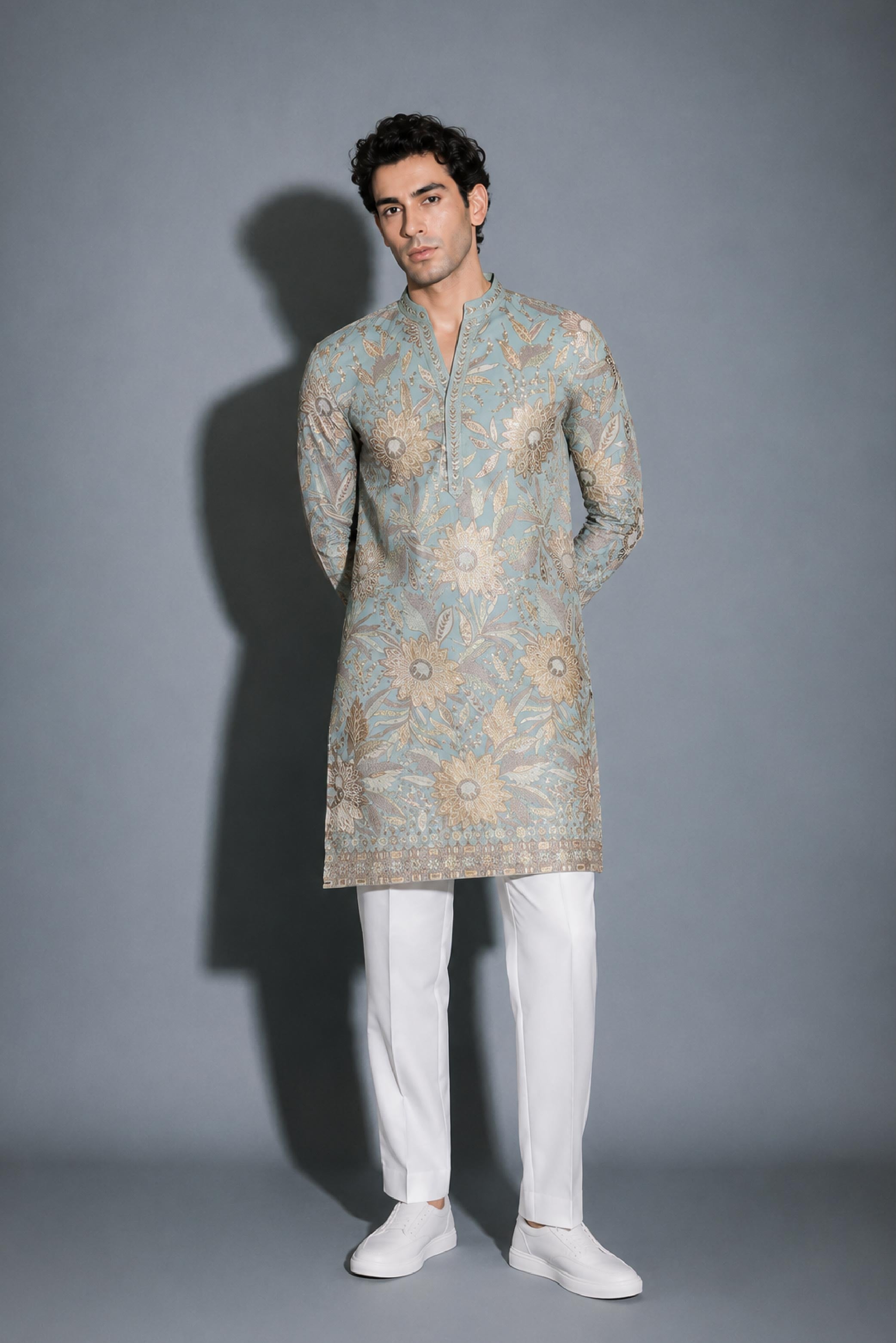 Aqua Shifon Embroidery V Neck Kurta Pajama Set for Men