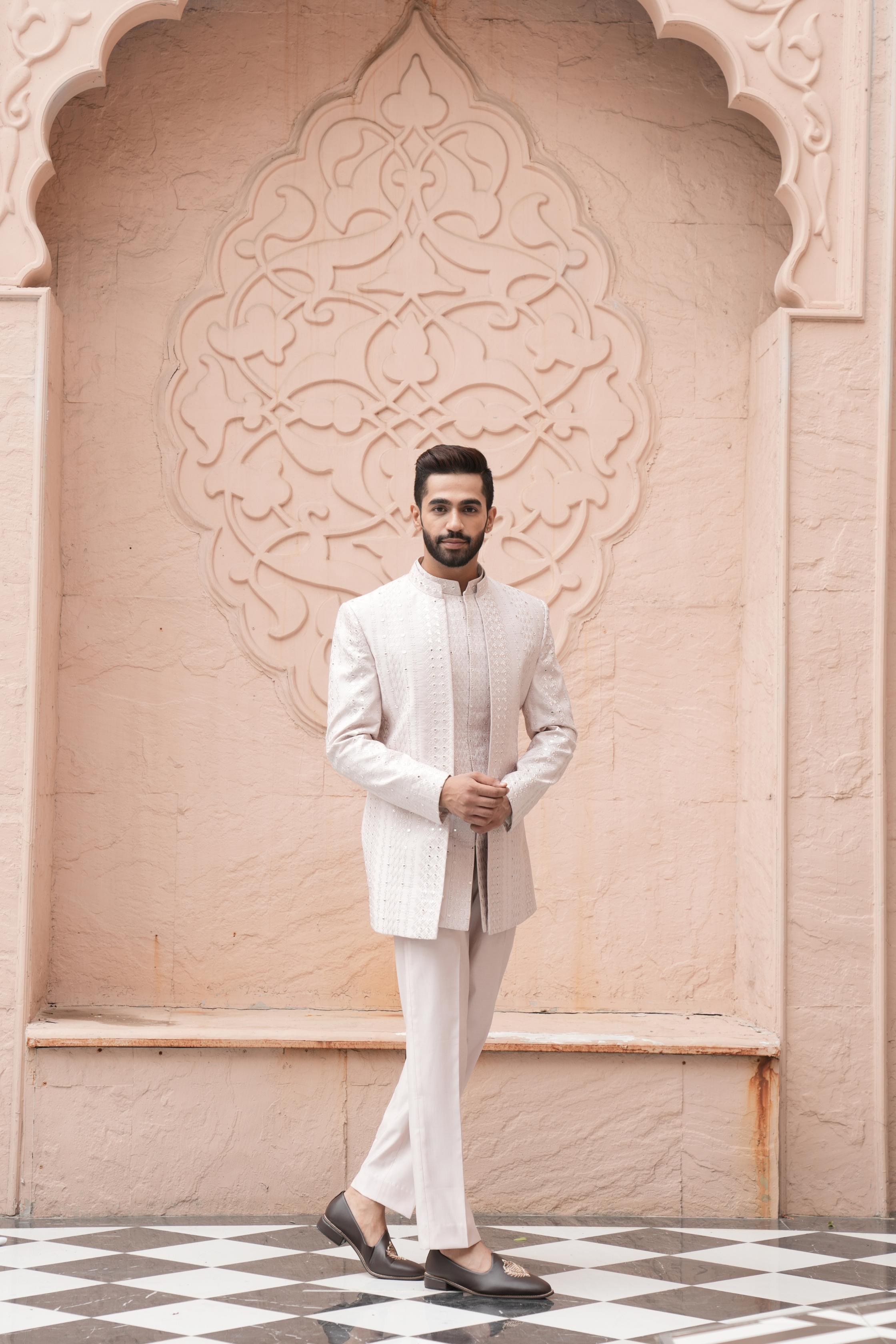 L Peach Color Jodhpuri Indo Western Set for Men