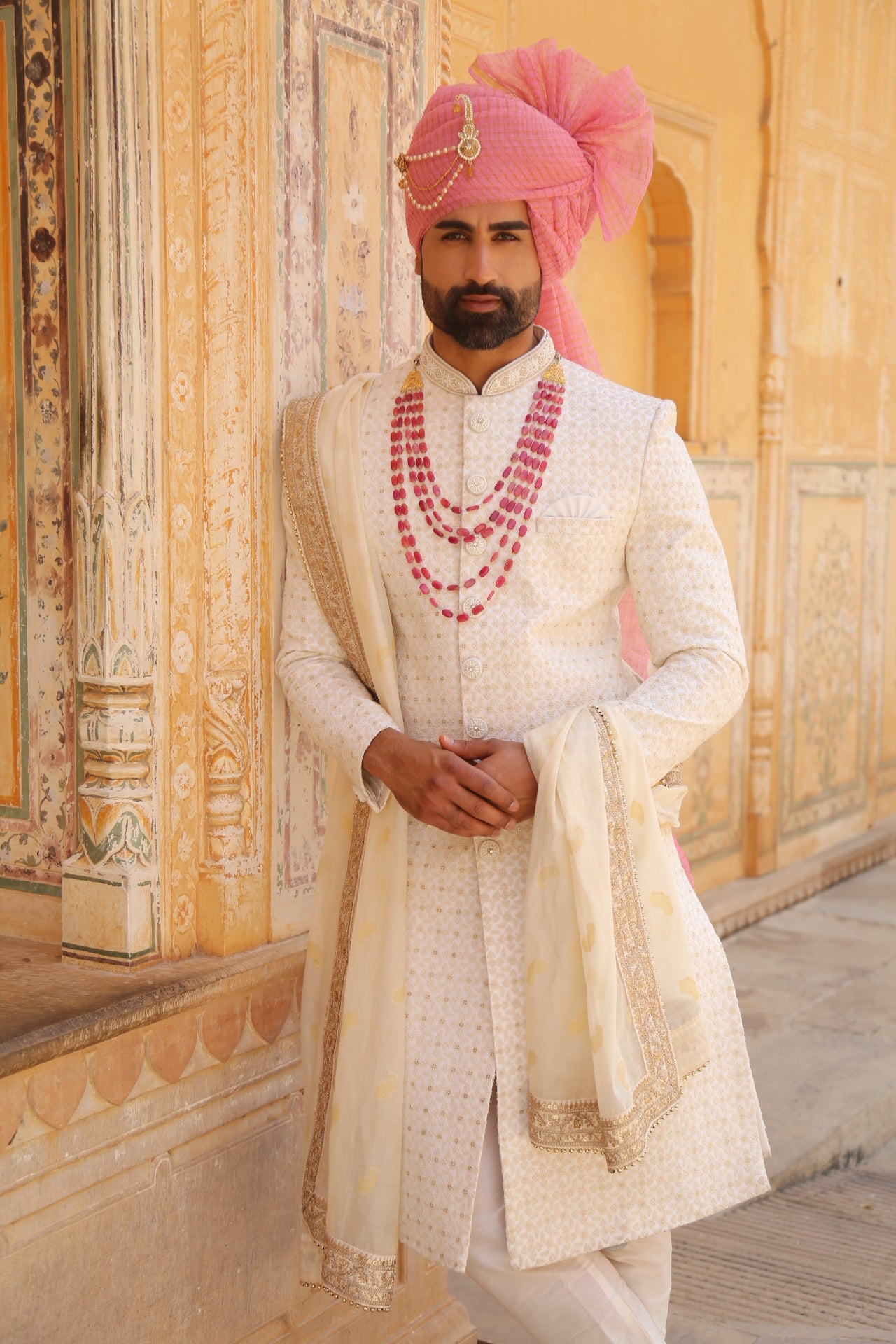 Cream Color Lakhnavi Sherwani for Men - Main Image