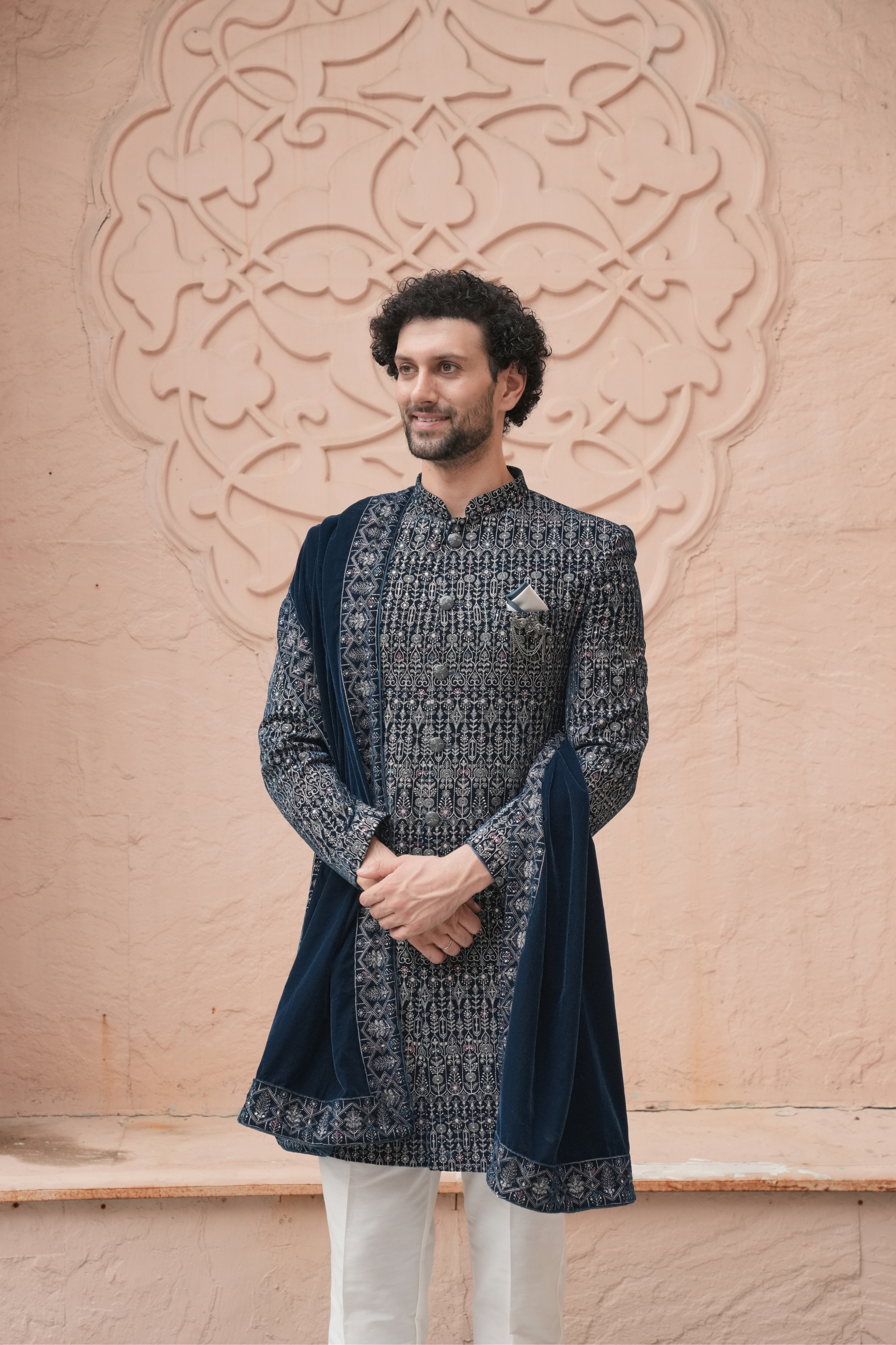 Rama Green Color Velvet Indo Western Set for Men