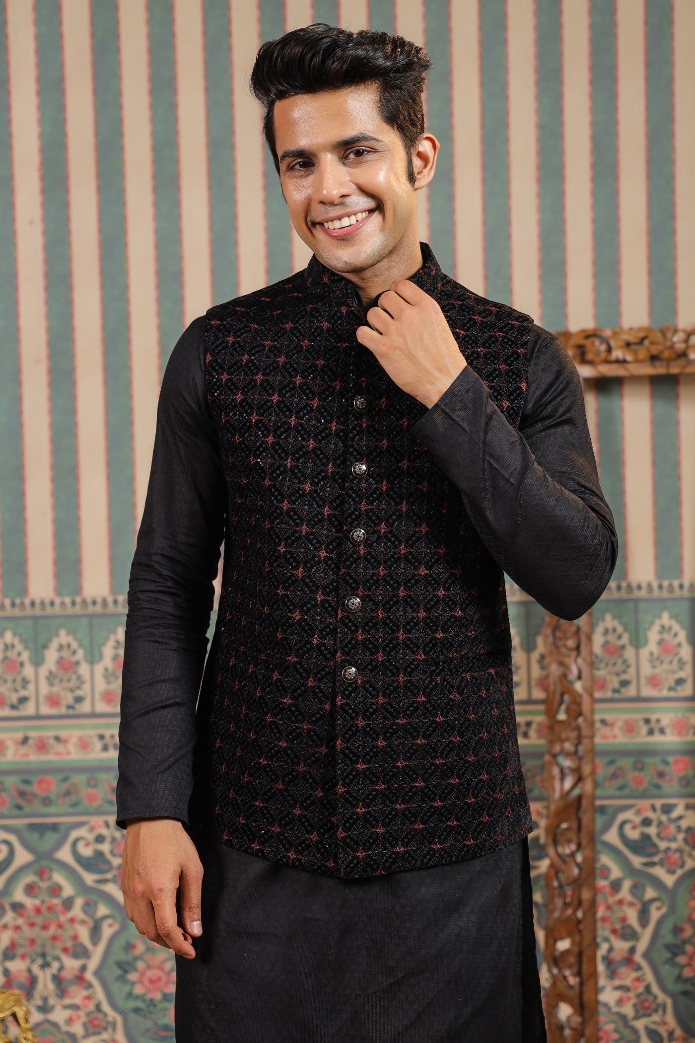 Black Embroidery Waist Coat For Men