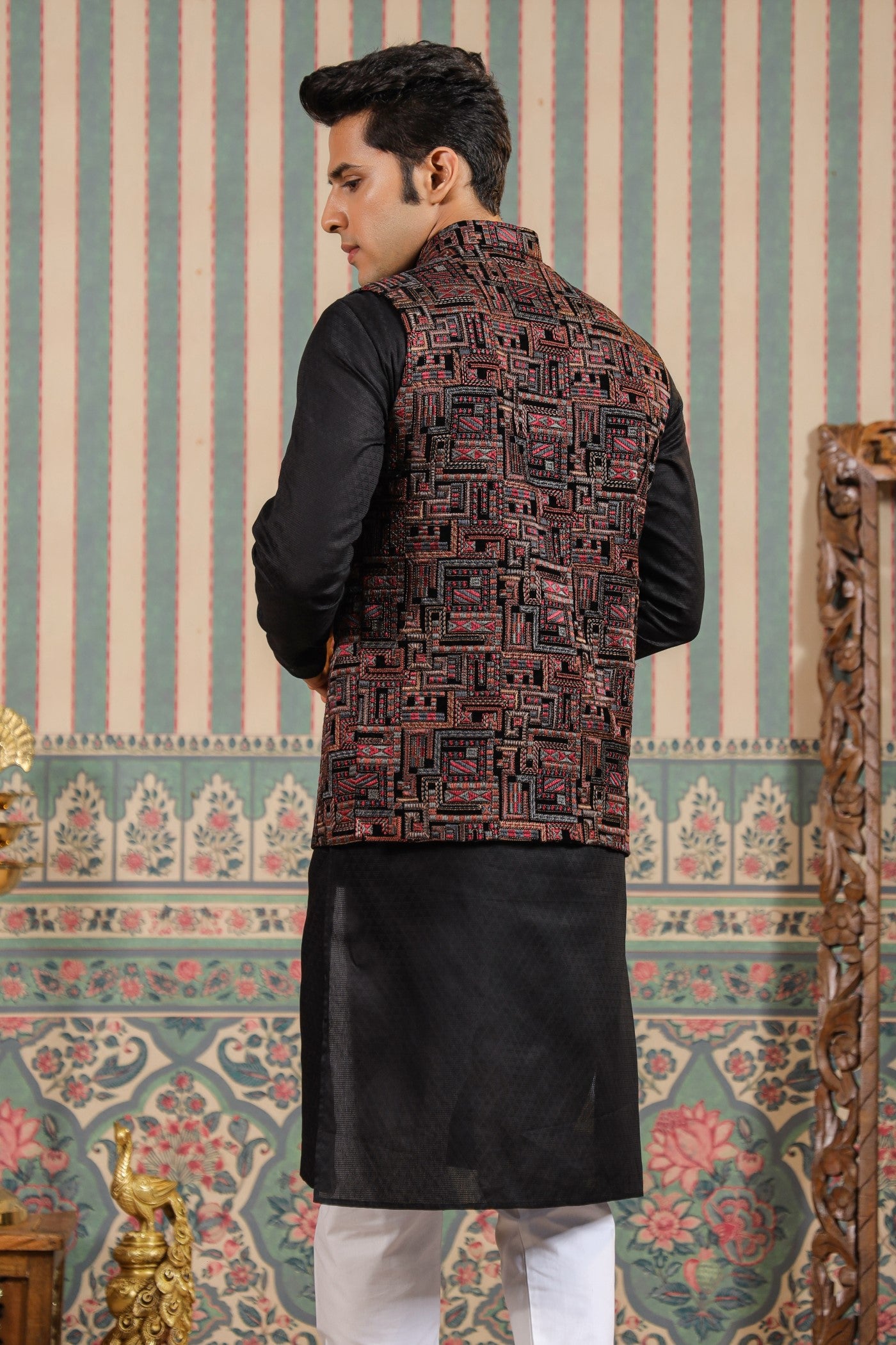 Black Color Embroidery Velvet Waist Coat