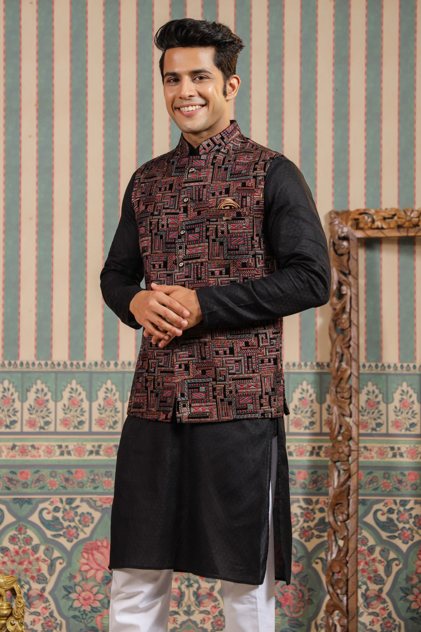 Black Color Embroidery Velvet Waist Coat