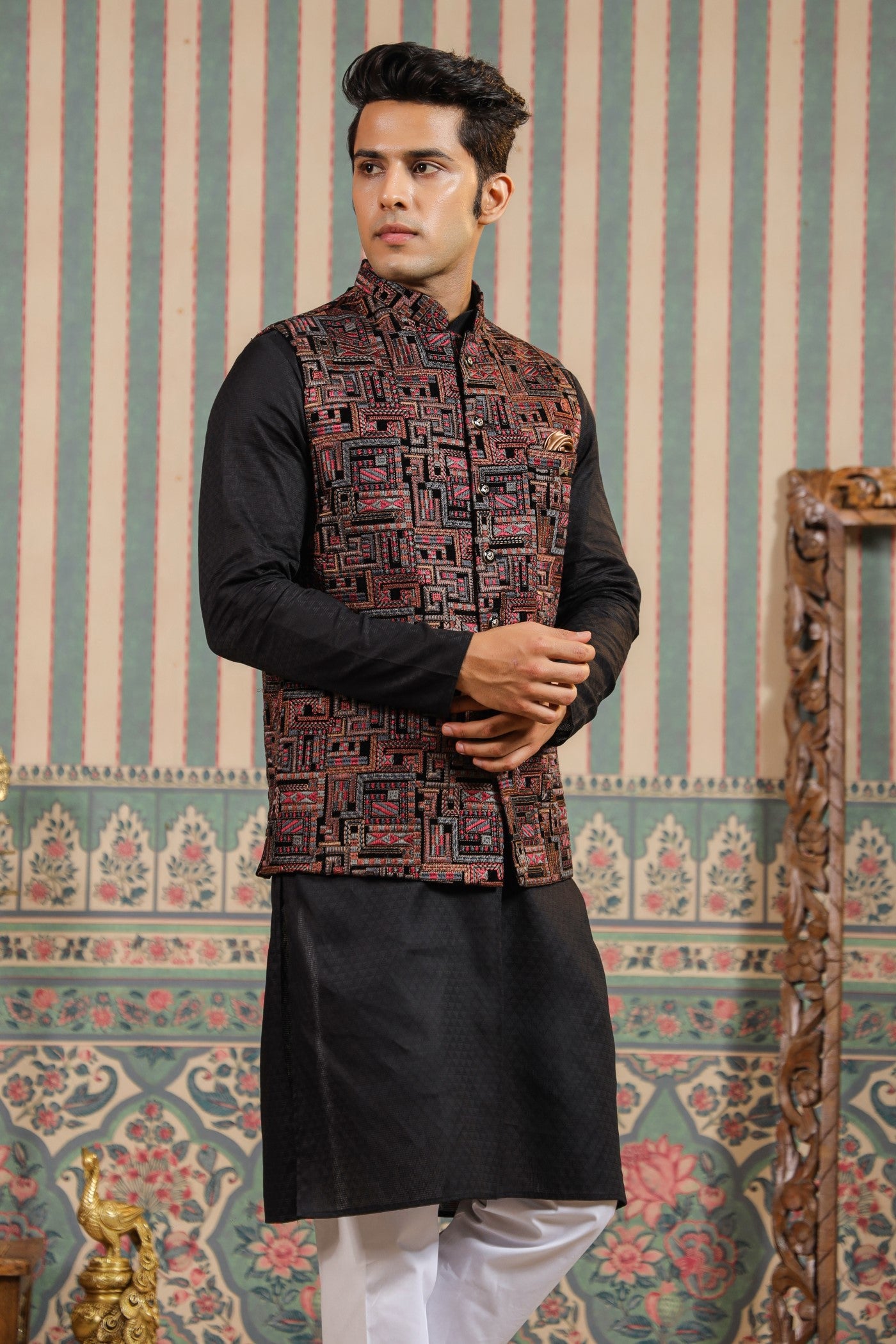 Black Color Embroidery Velvet Waist Coat