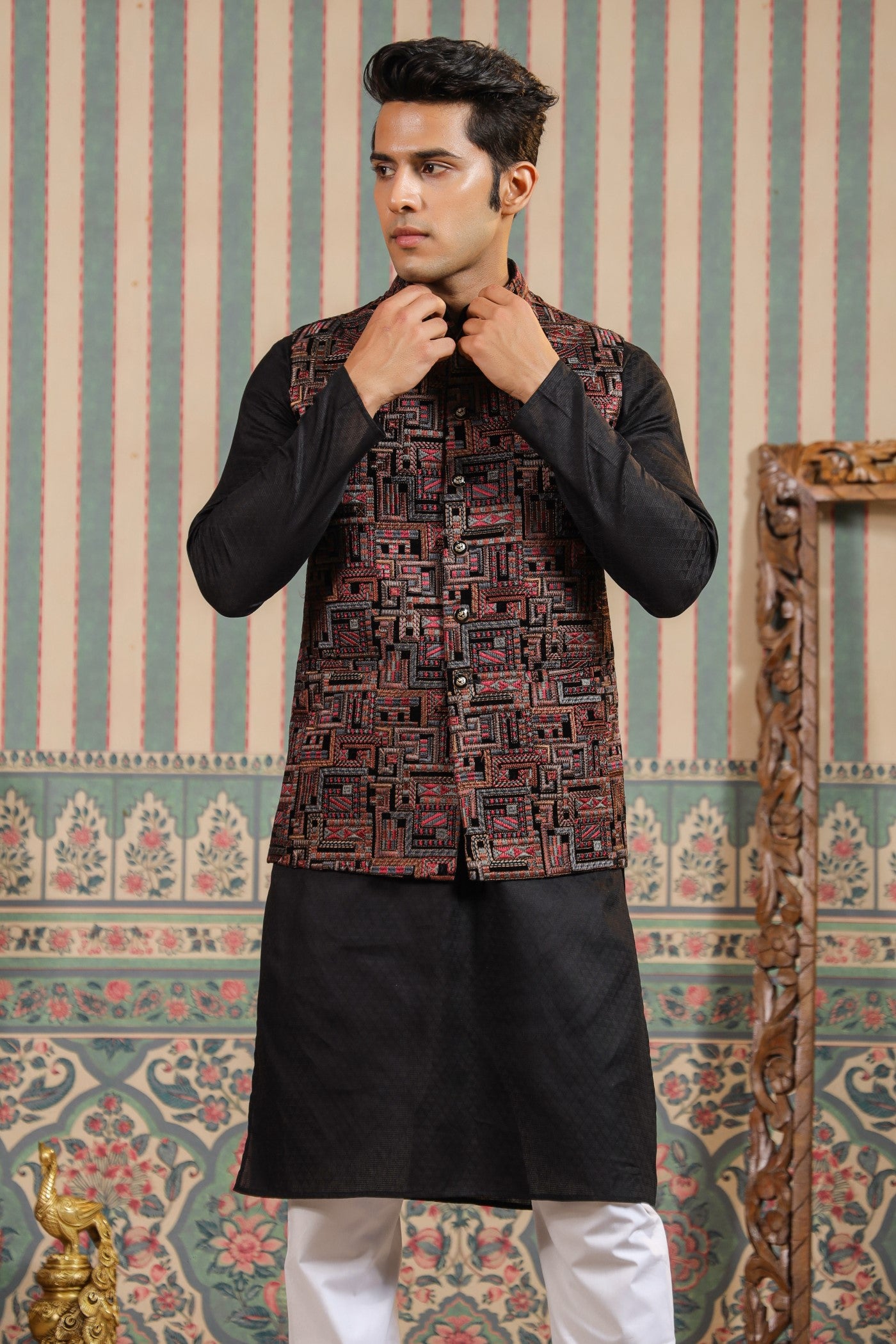 Black Color Embroidery Velvet Waist Coat