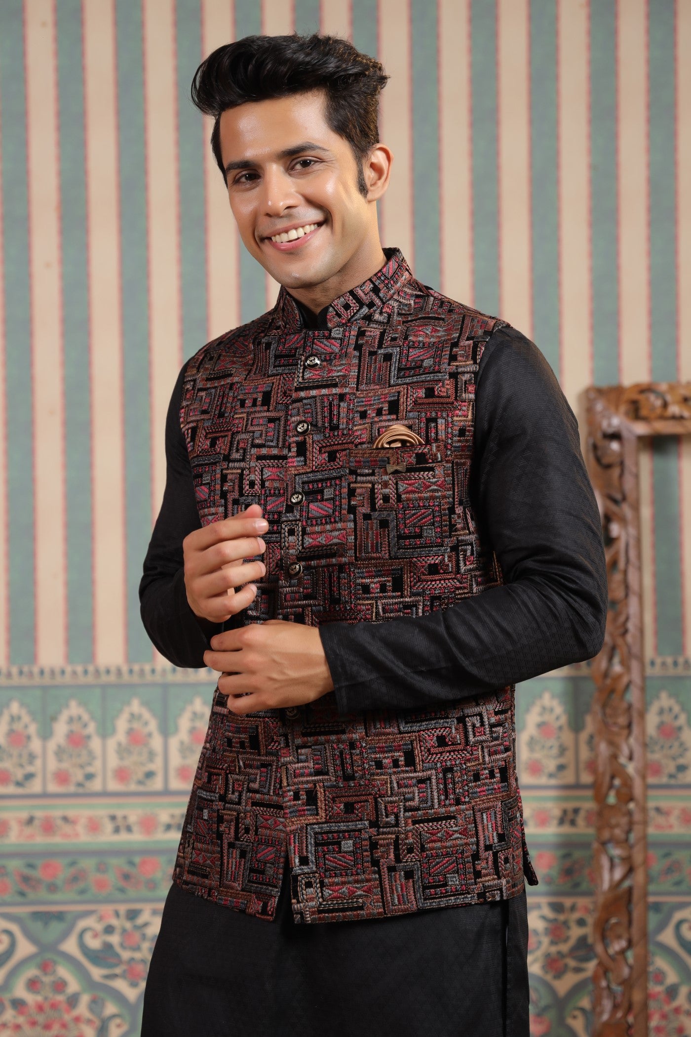 Black Color Embroidery Velvet Waist Coat