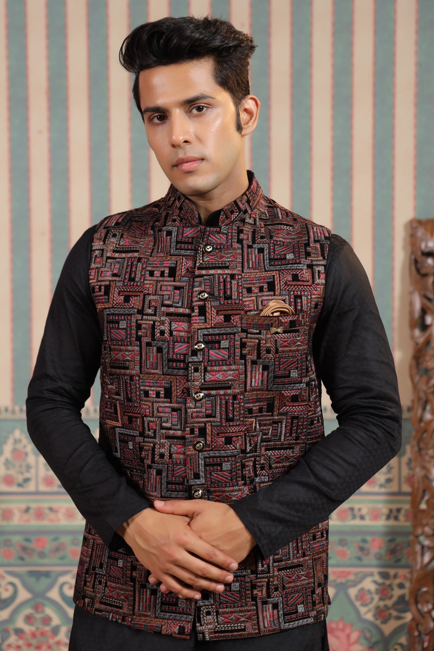Black Color Embroidery Velvet Waist Coat