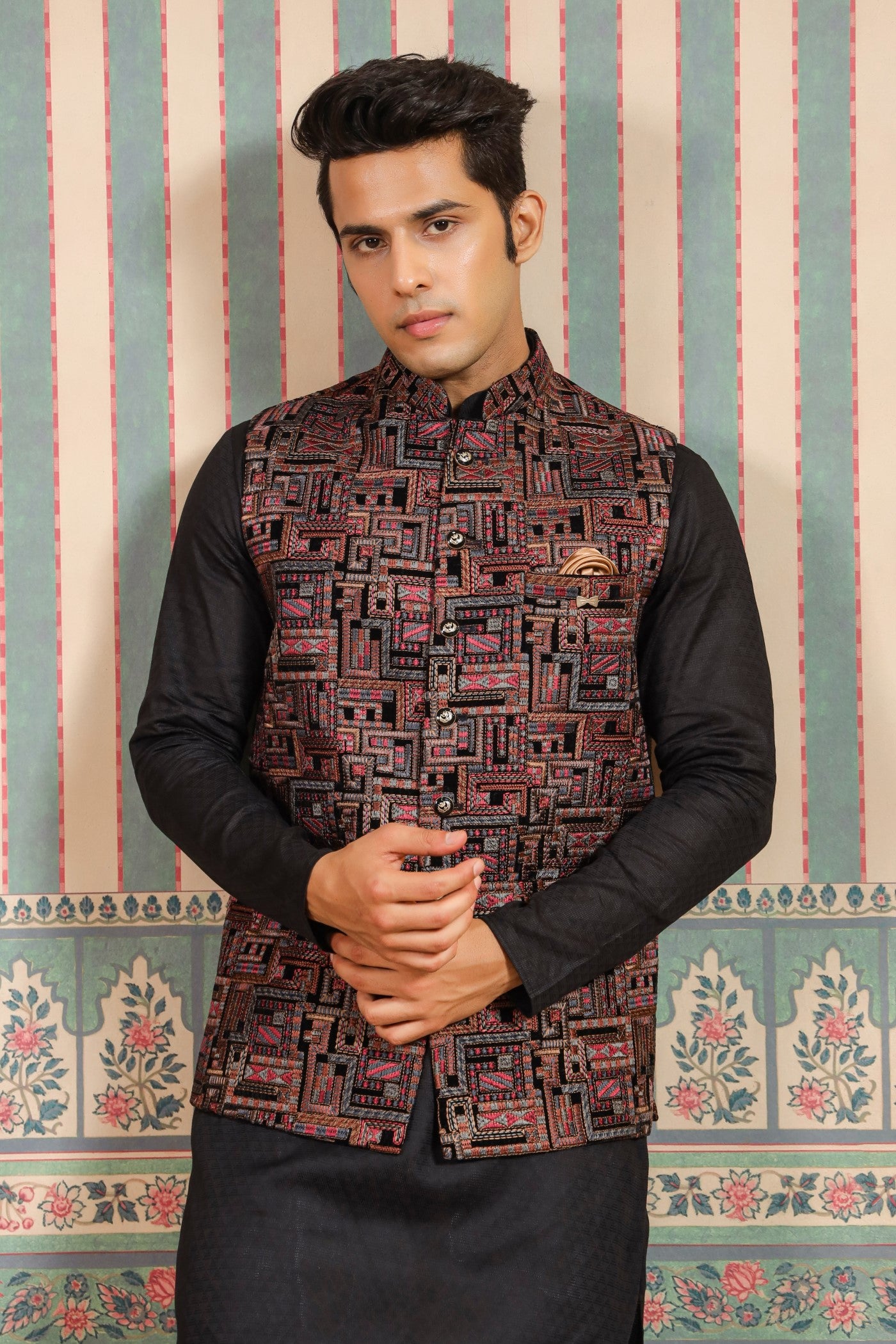 Black Color Embroidery Velvet Waist Coat