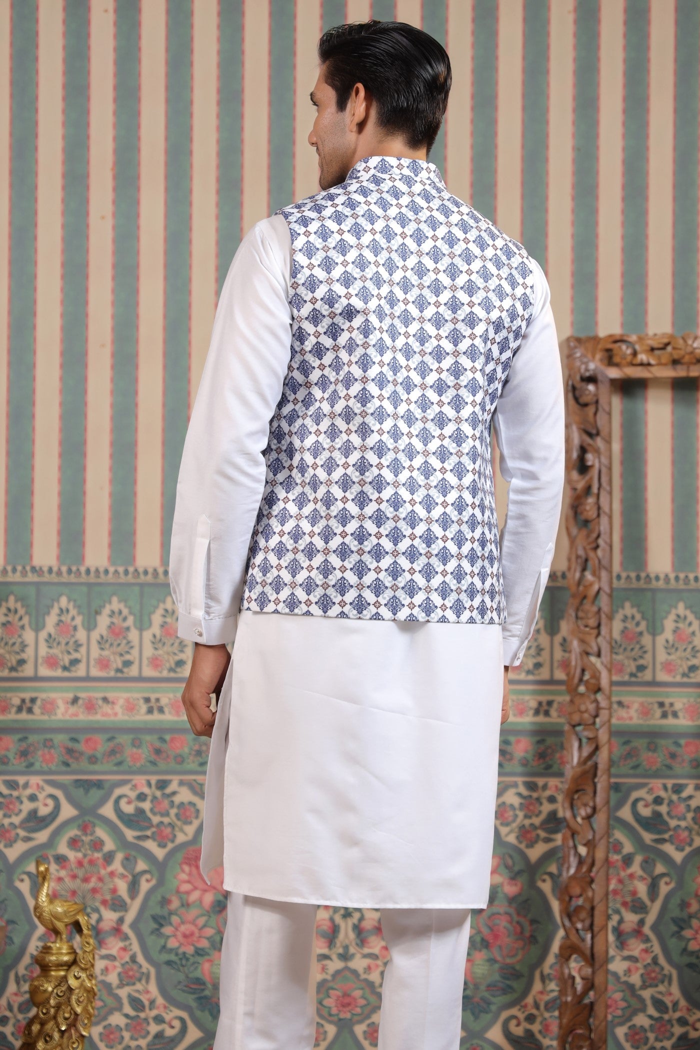 Blue Color Print Waist Coat For Men