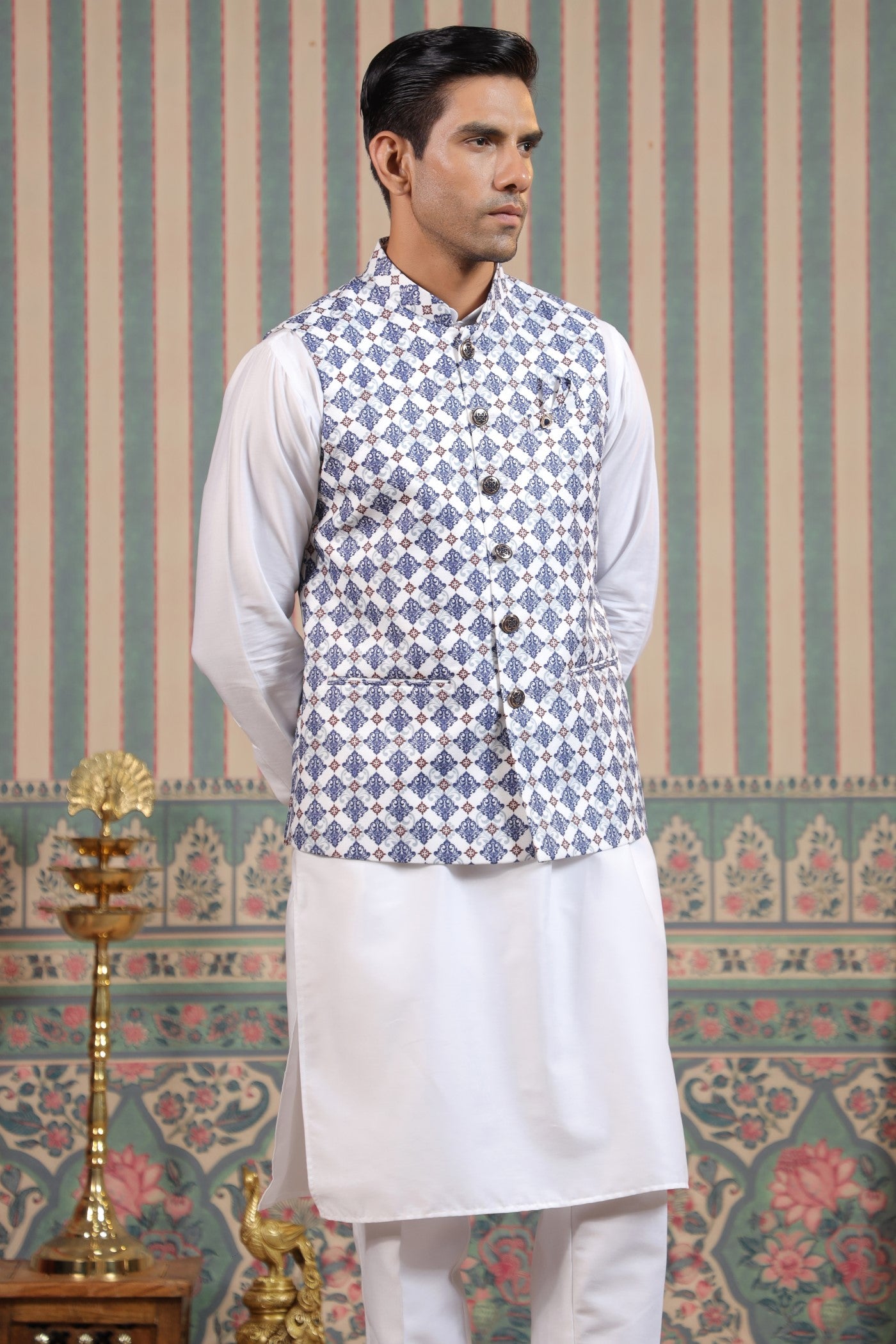 Blue Color Print Waist Coat For Men