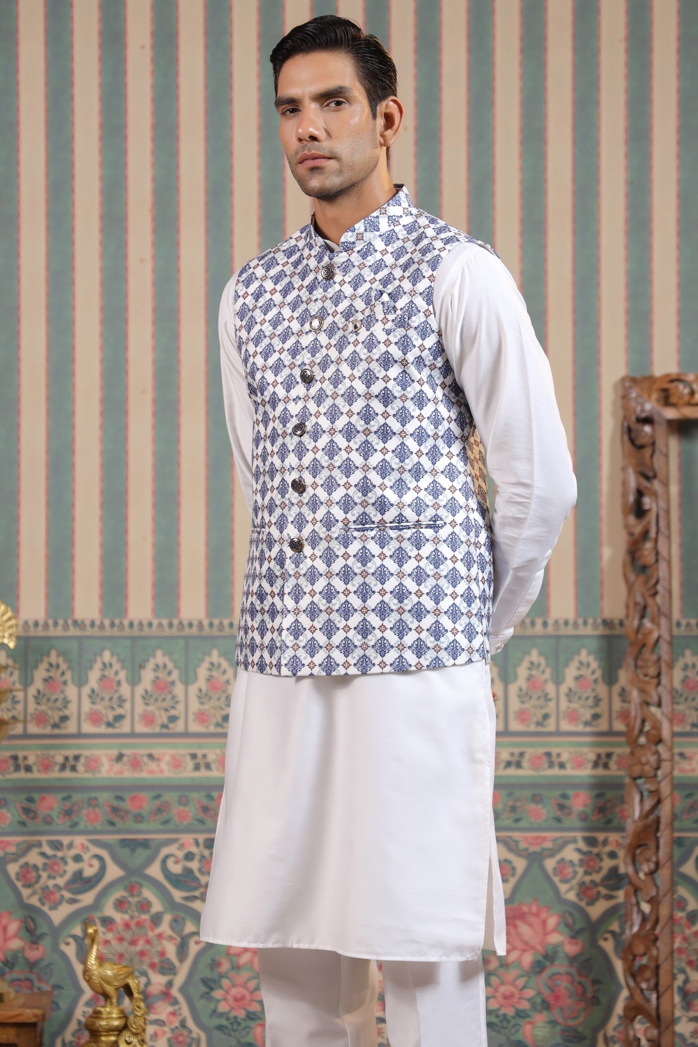 Blue Color Print Waist Coat For Men