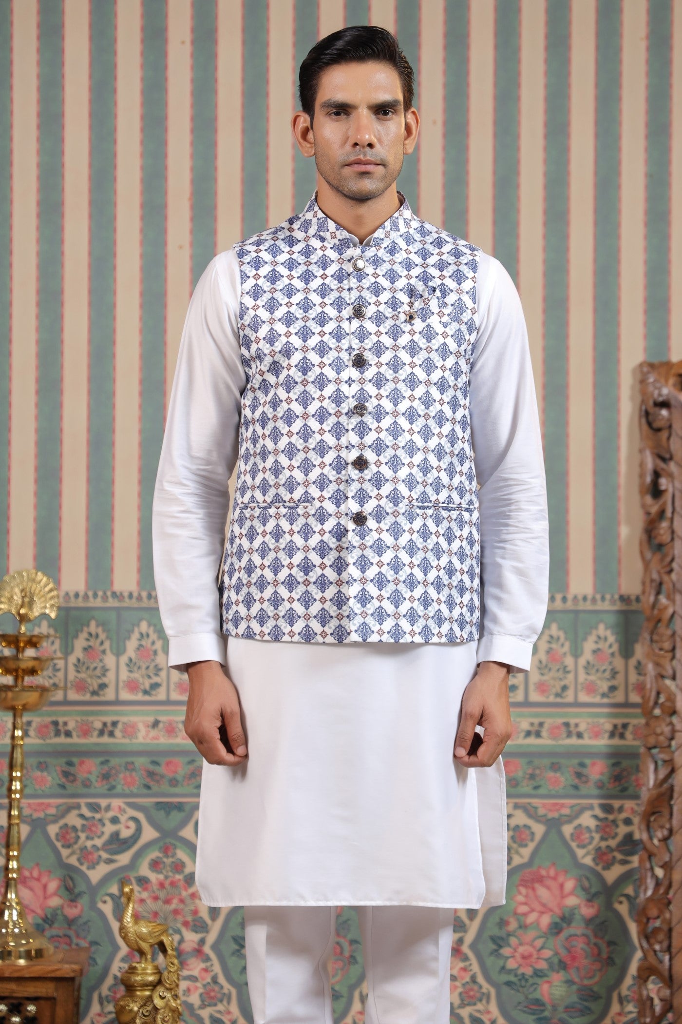 Blue Color Print Waist Coat For Men