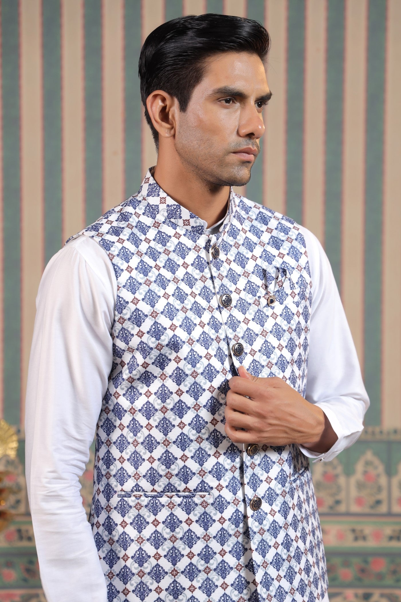 Blue Color Print Waist Coat For Men