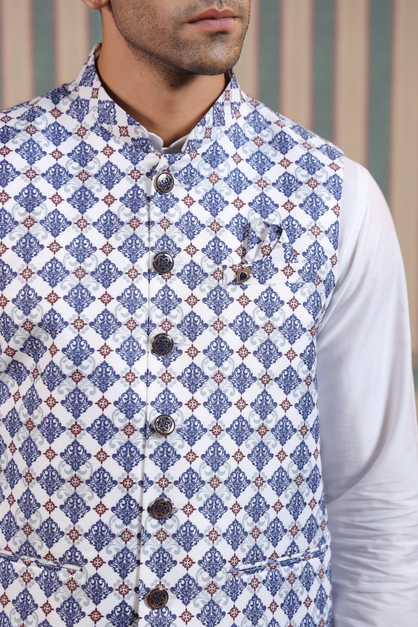 Blue Color Print Waist Coat For Men