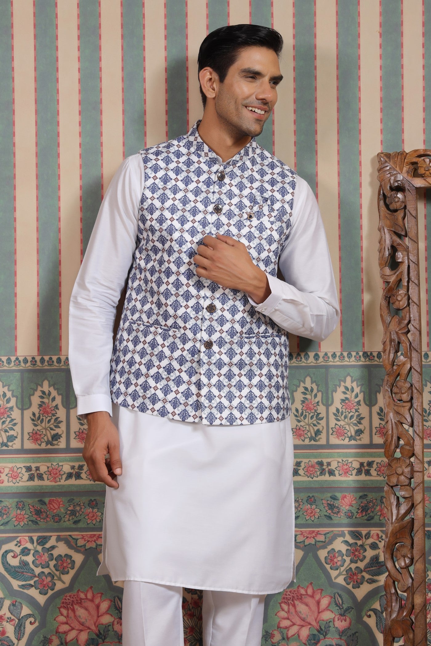 Blue Color Print Waist Coat For Men