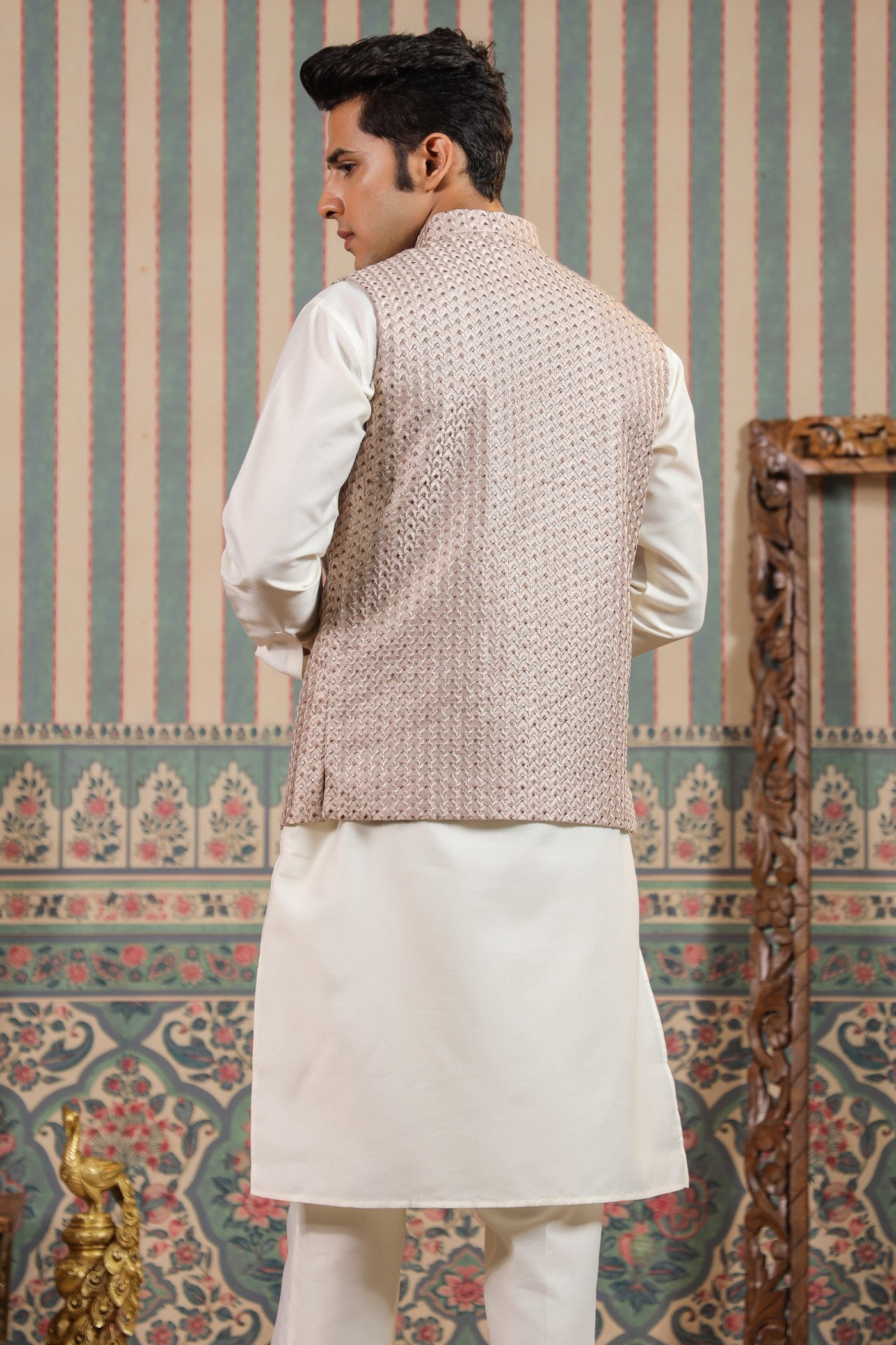 Peach Color Embroidery Waist Coat For Men