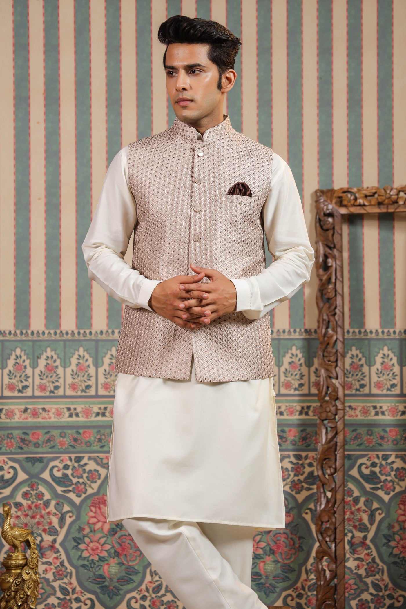Peach Color Embroidery Waist Coat For Men