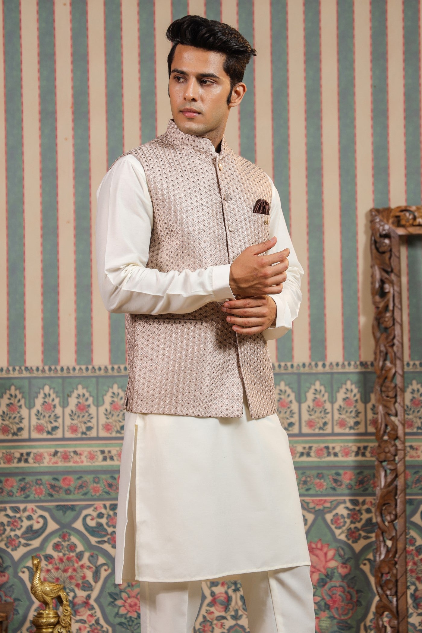 Peach Color Embroidery Waist Coat For Men