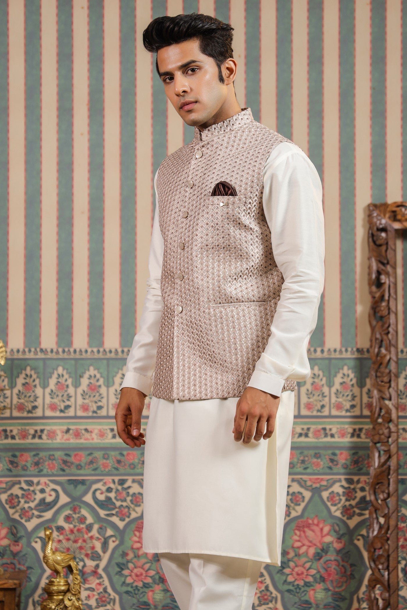 Peach Color Embroidery Waist Coat For Men