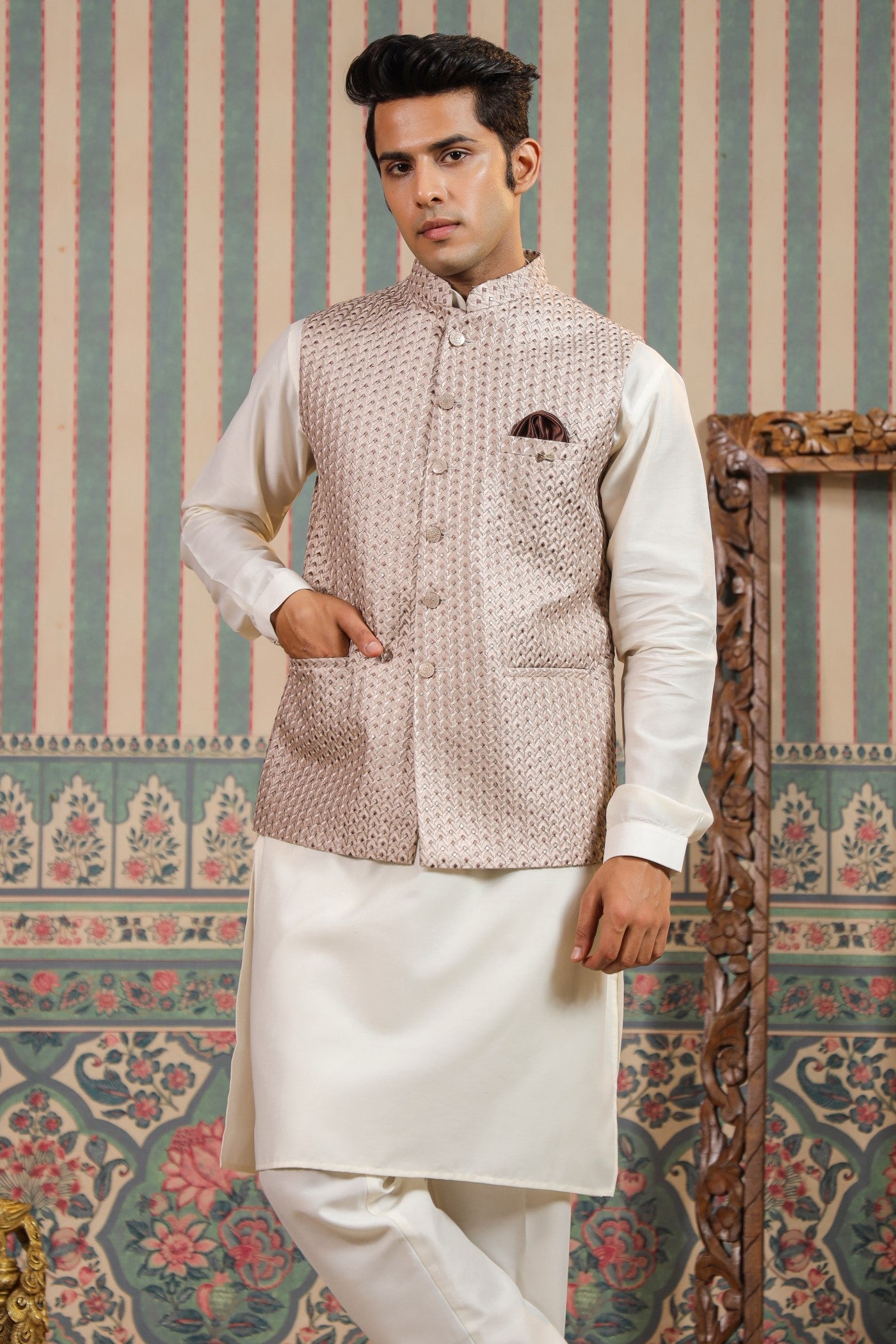 Peach Color Embroidery Waist Coat For Men