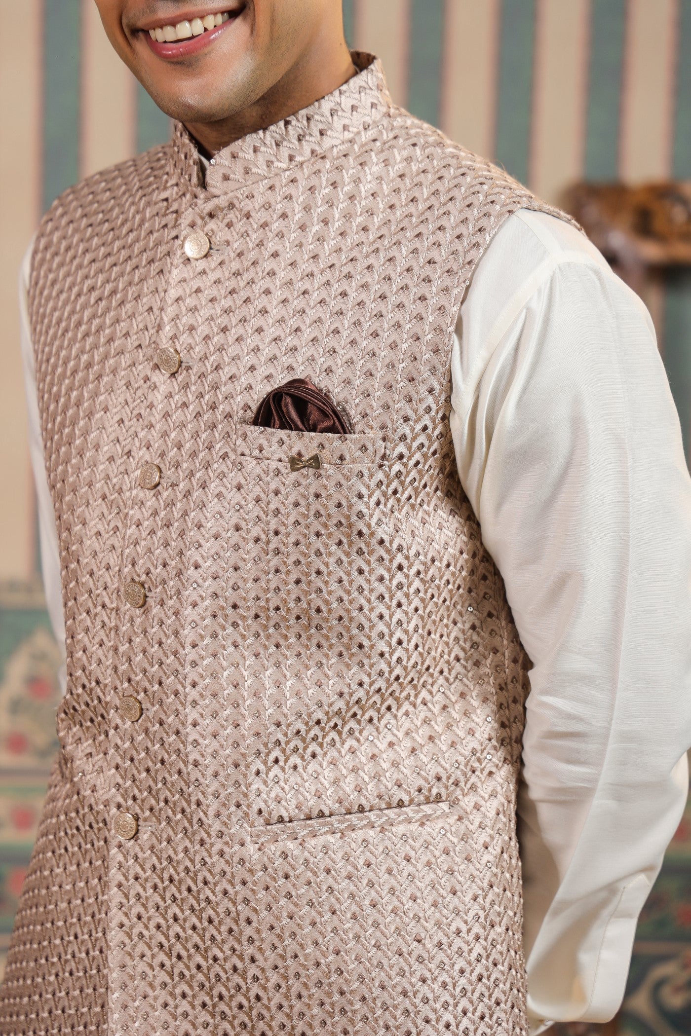 Peach Color Embroidery Waist Coat For Men