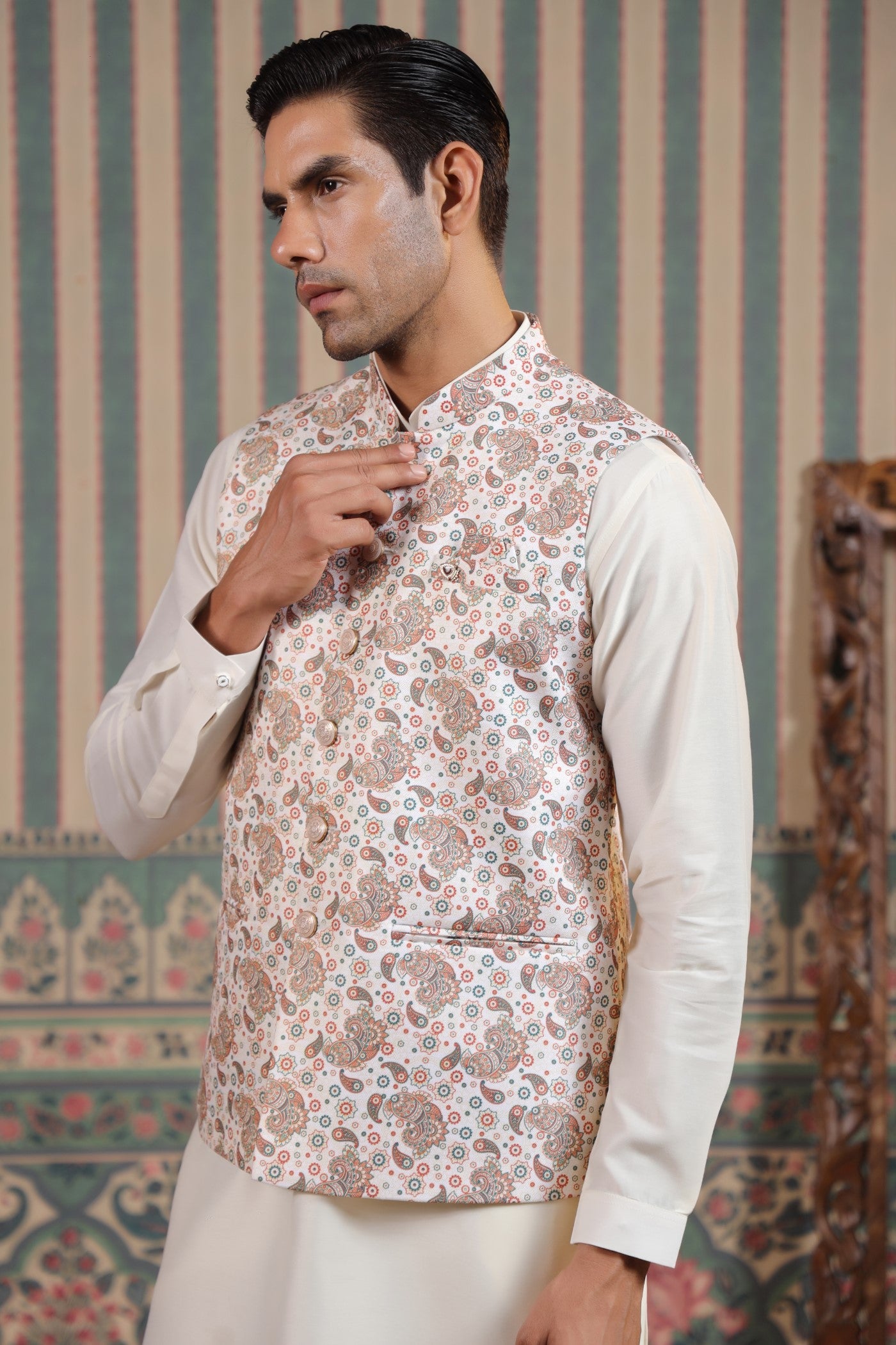 Mehroon Color Print Waist Coat For Men