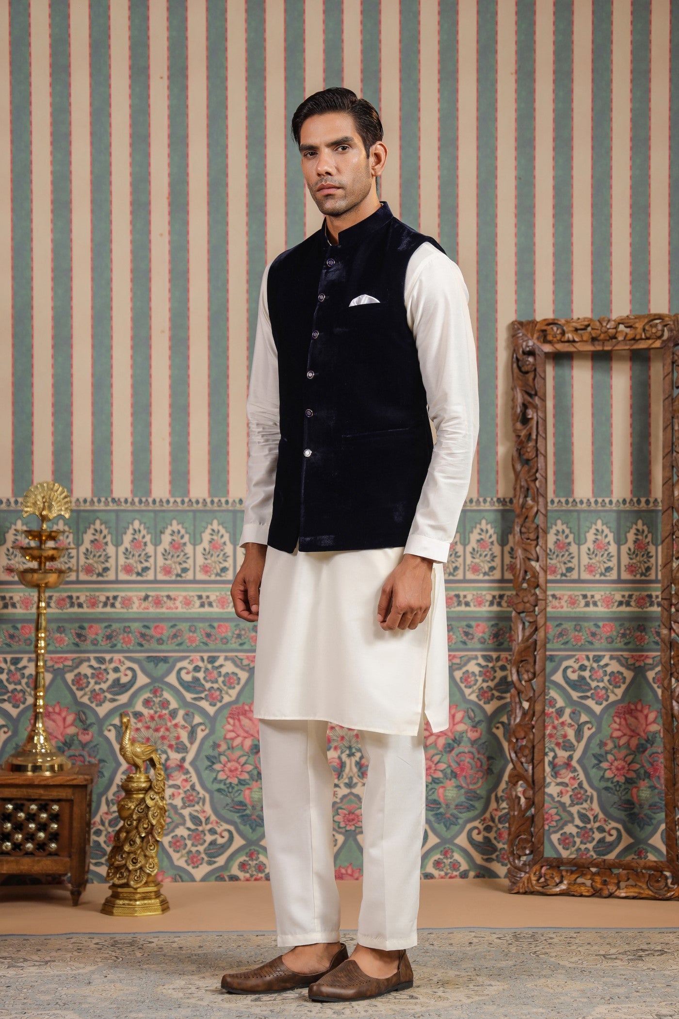 Navy Color Velvet Waist Coat For Men