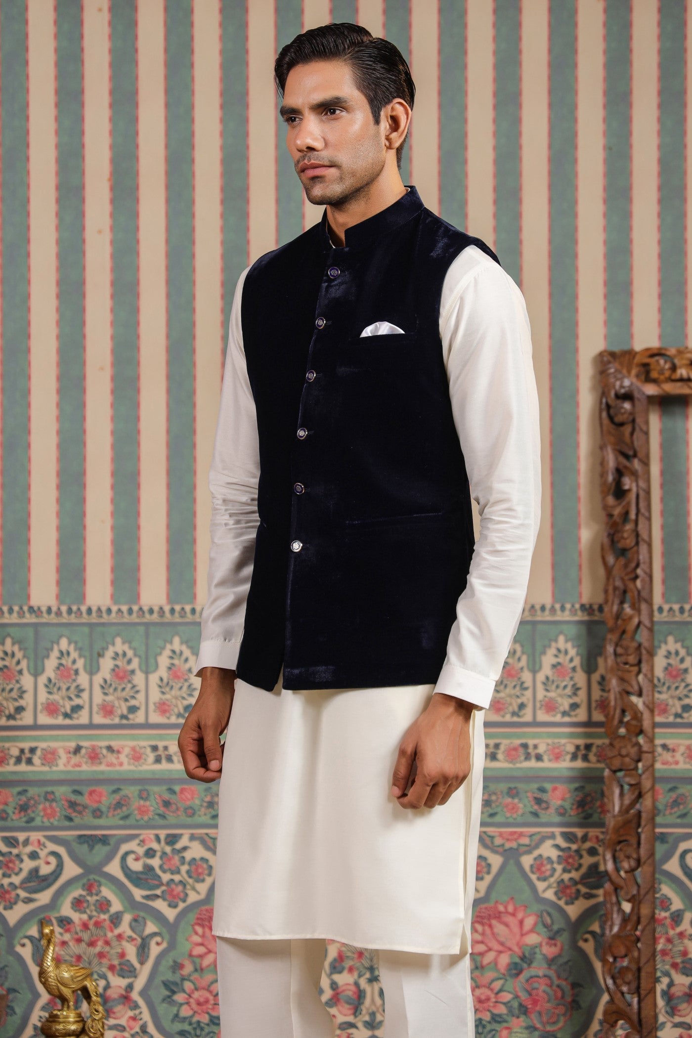 Navy Color Velvet Waist Coat For Men
