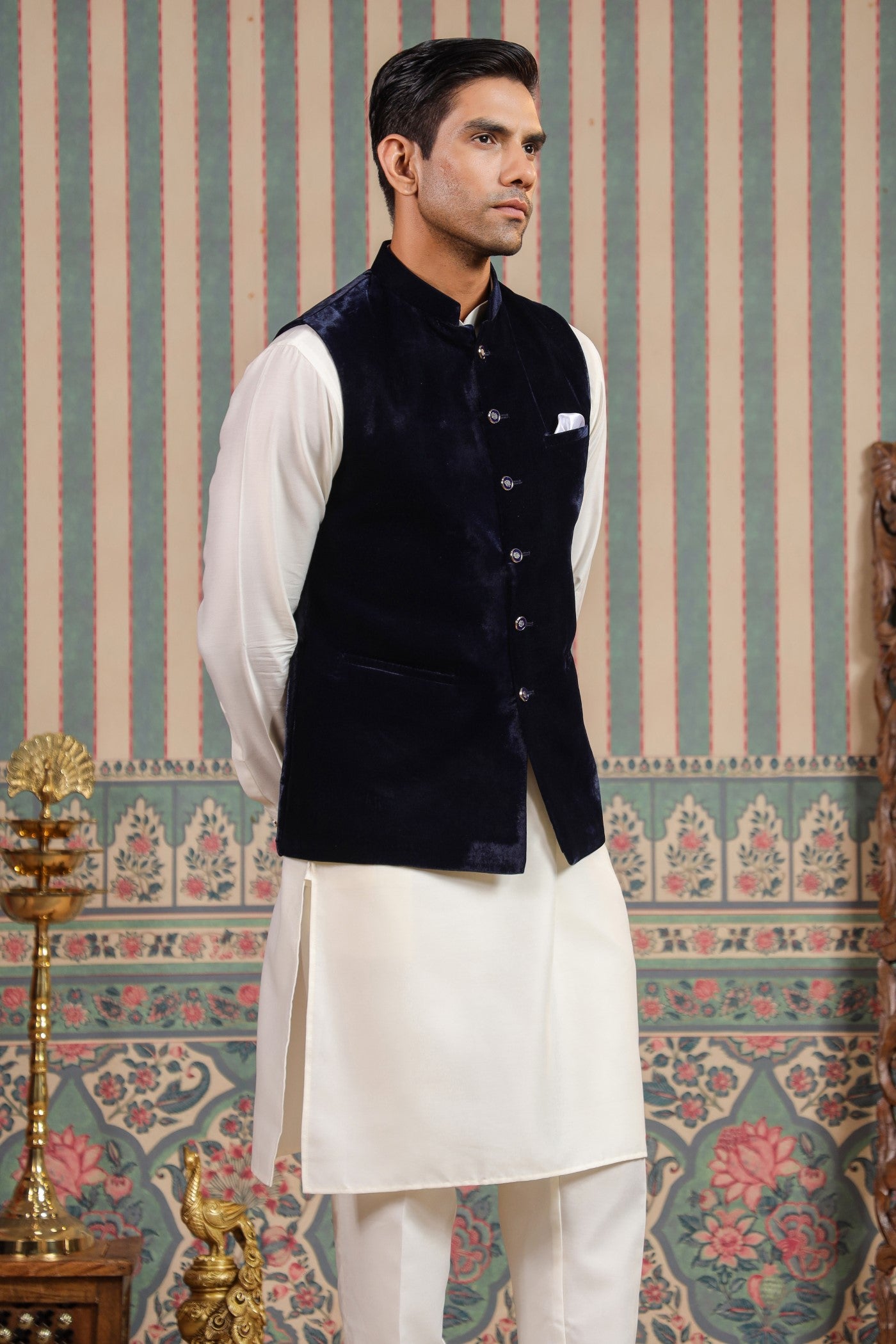 Navy Color Velvet Waist Coat For Men