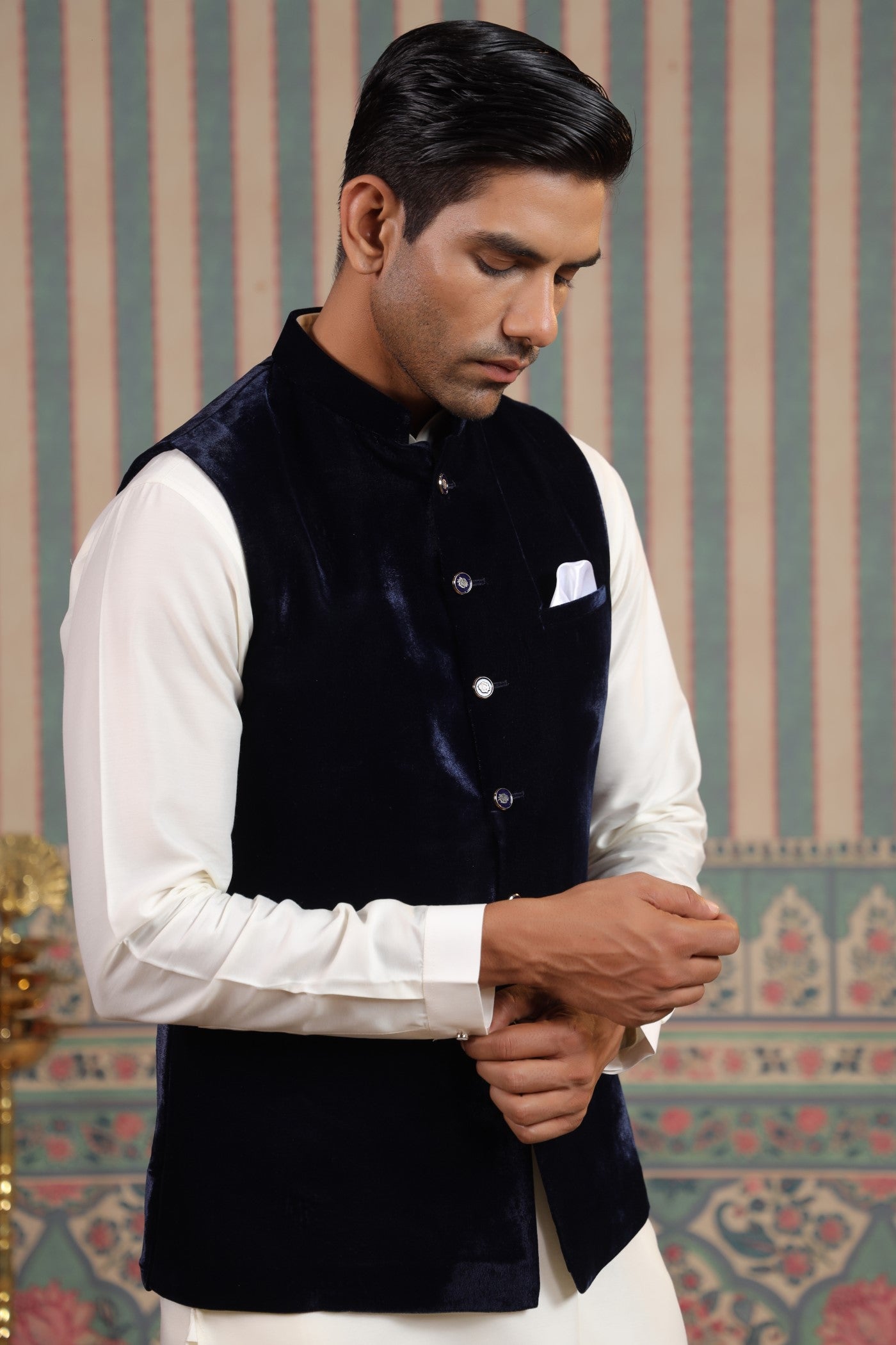 Navy Color Velvet Waist Coat For Men
