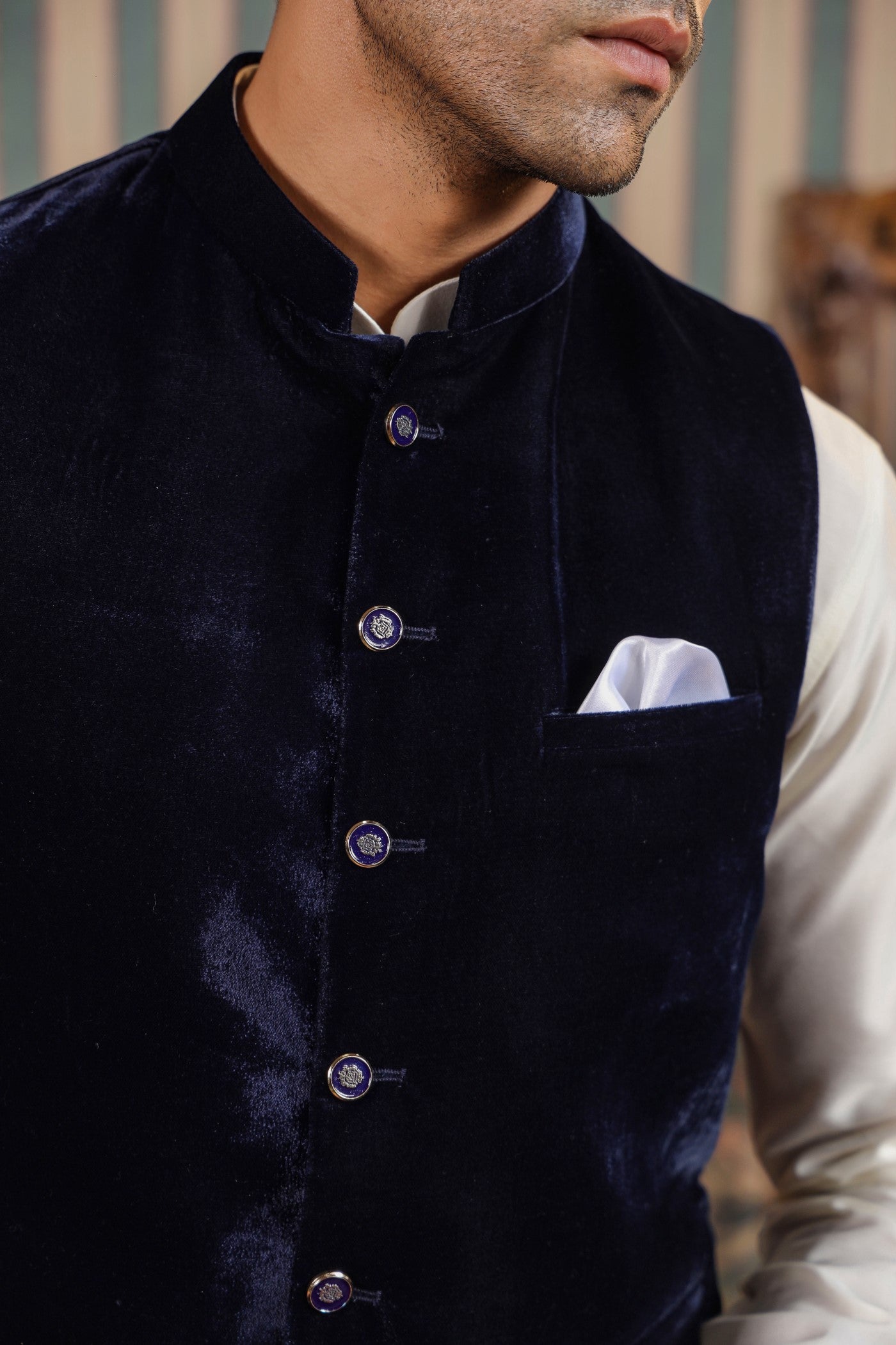 Navy Color Velvet Waist Coat For Men