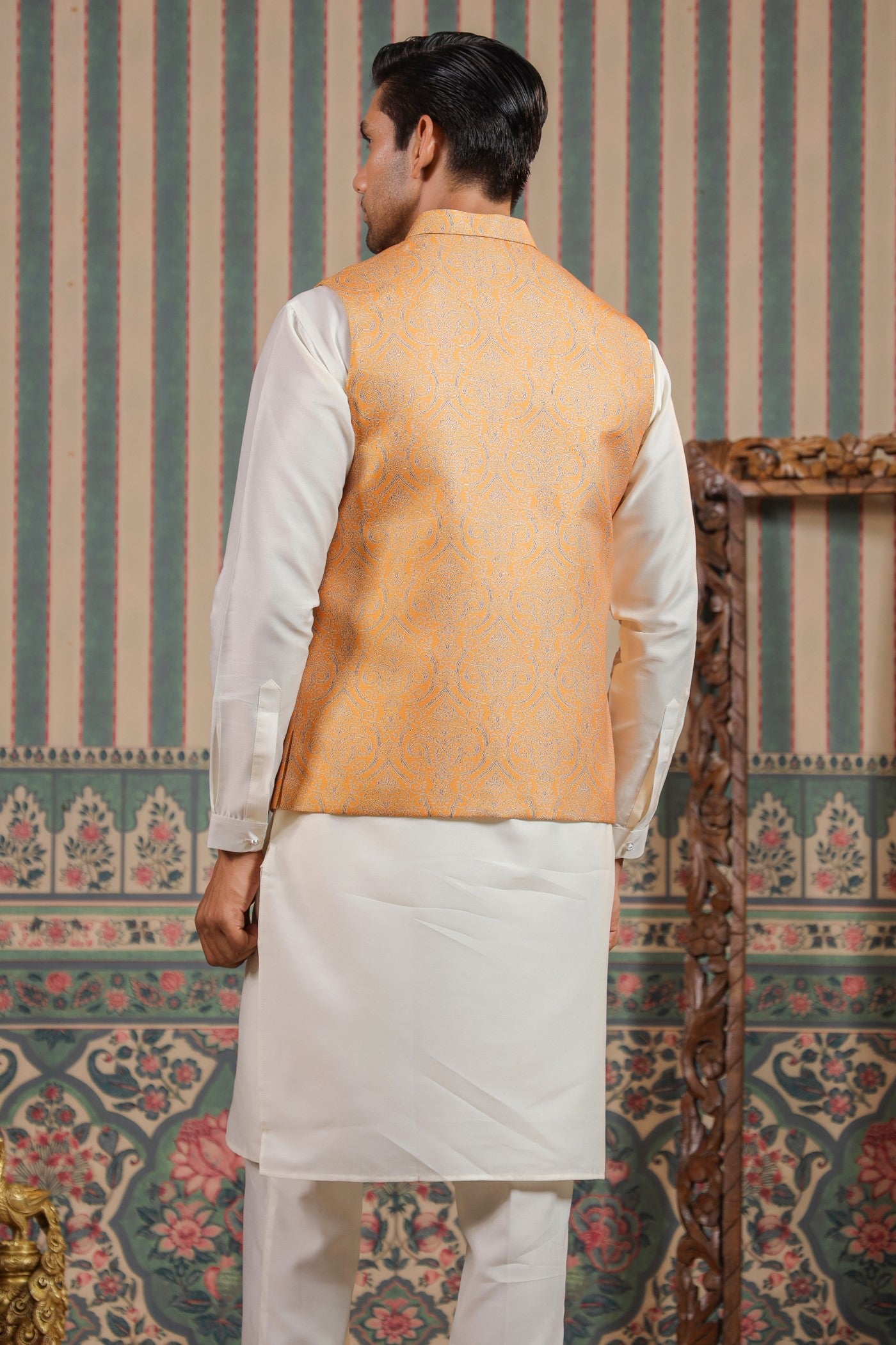 Mustard Color Print Waist Coat For Men