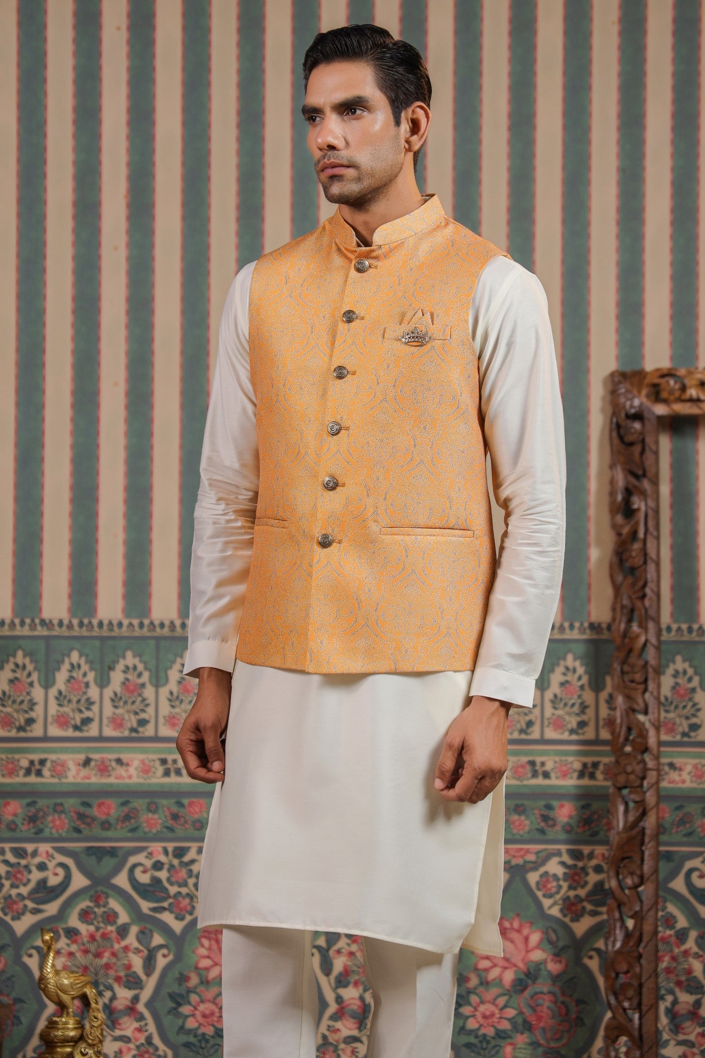 Mustard Color Print Waist Coat For Men