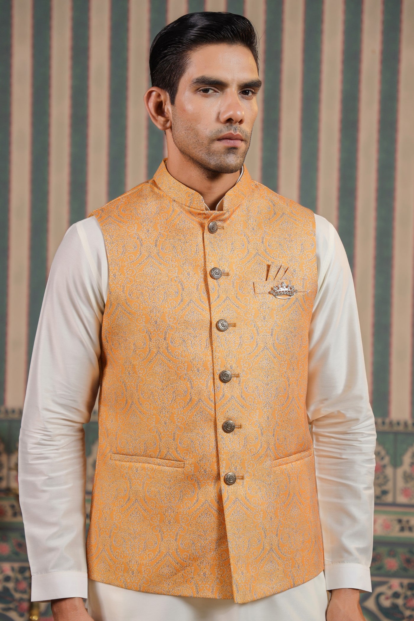 Mustard Color Print Waist Coat For Men