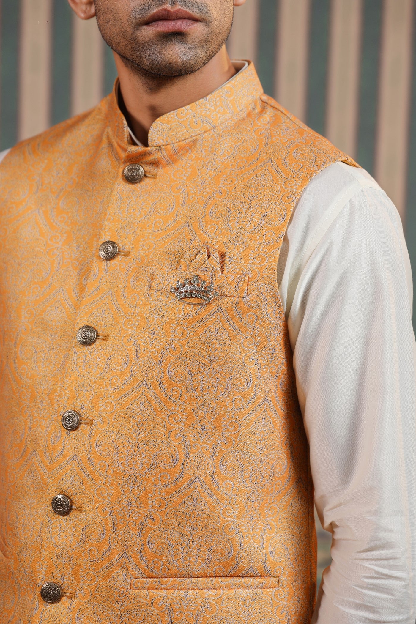 Mustard Color Print Waist Coat For Men