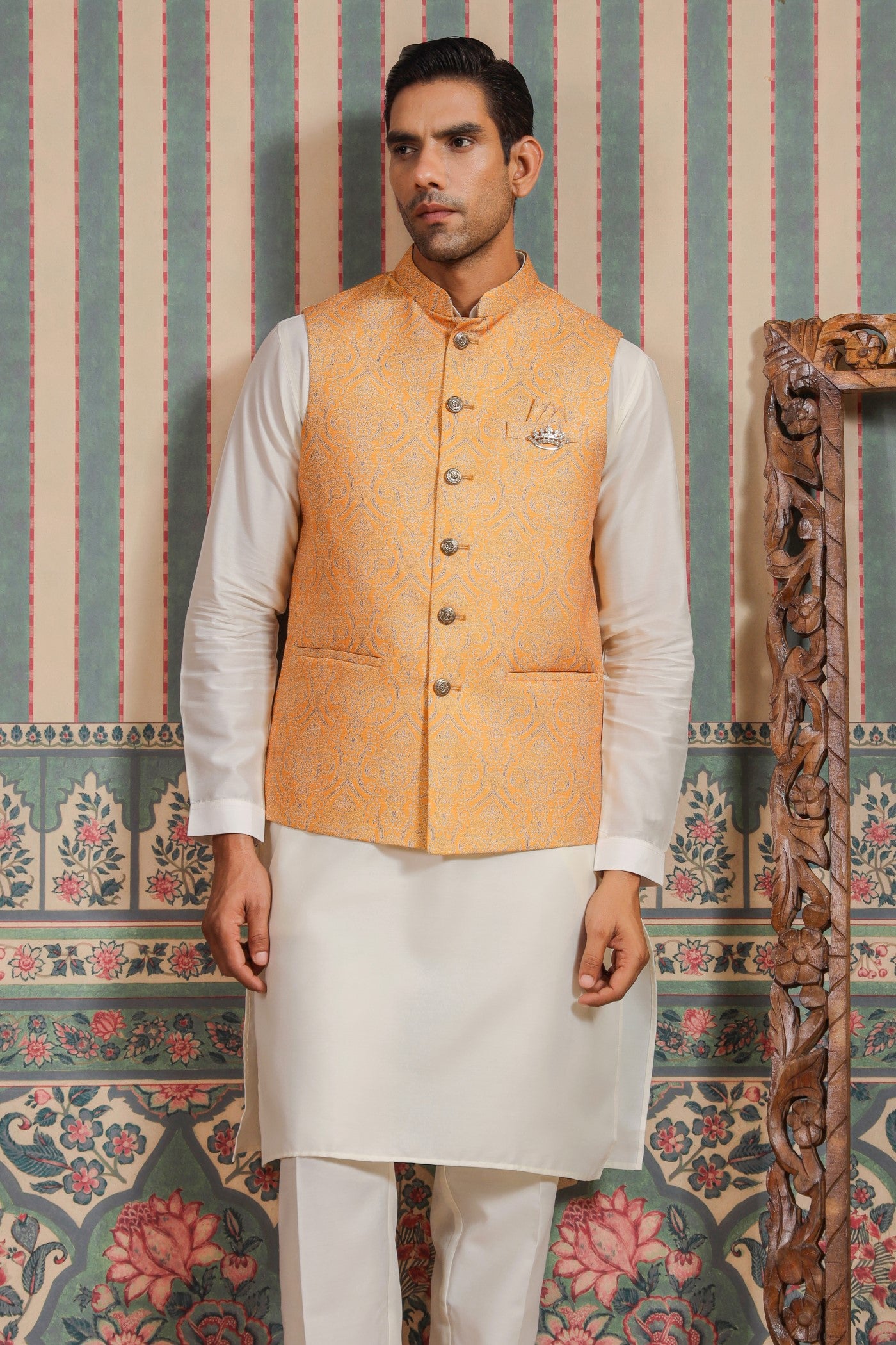 Mustard Color Print Waist Coat For Men