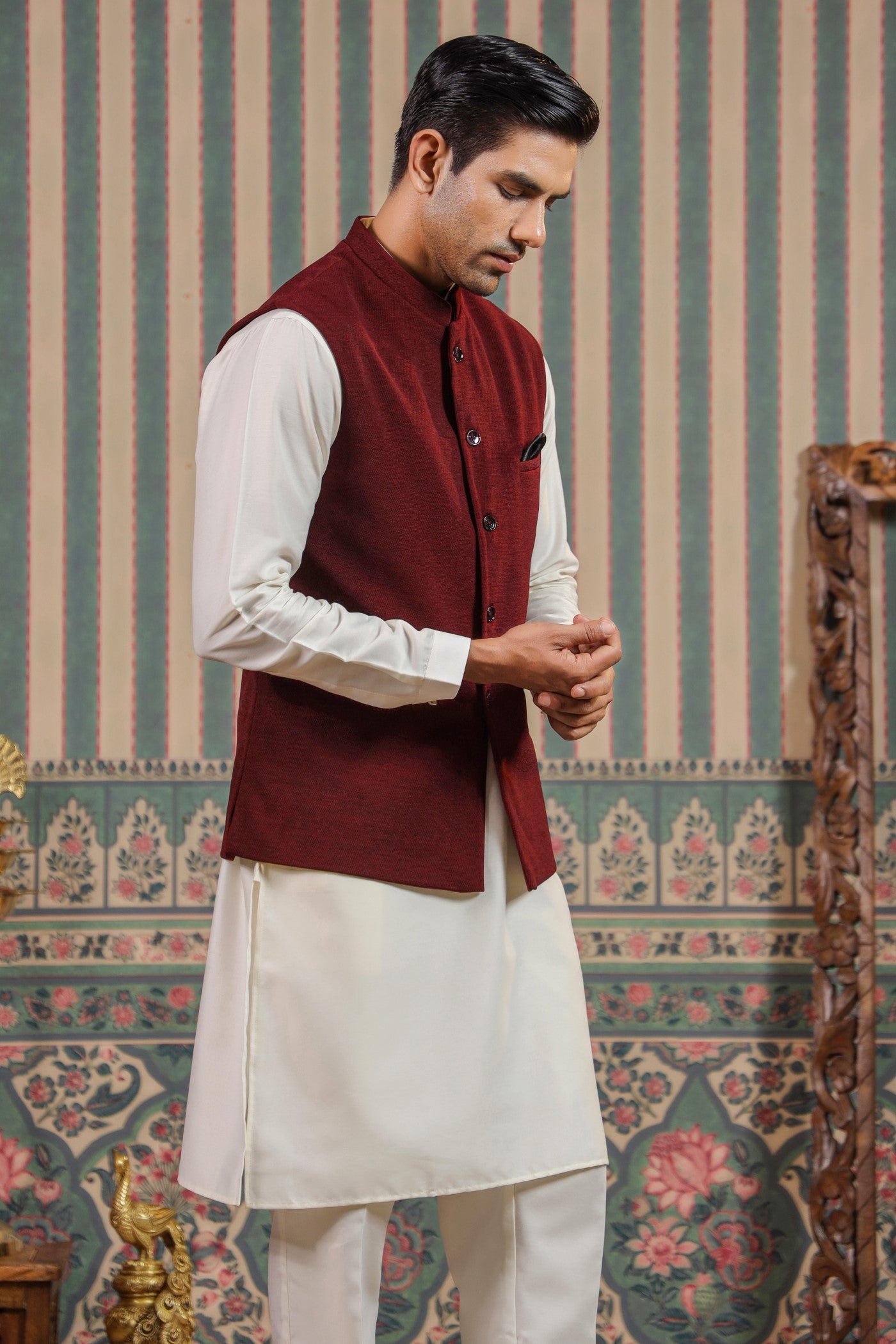 Wine Color Plain Waist Coat For Men